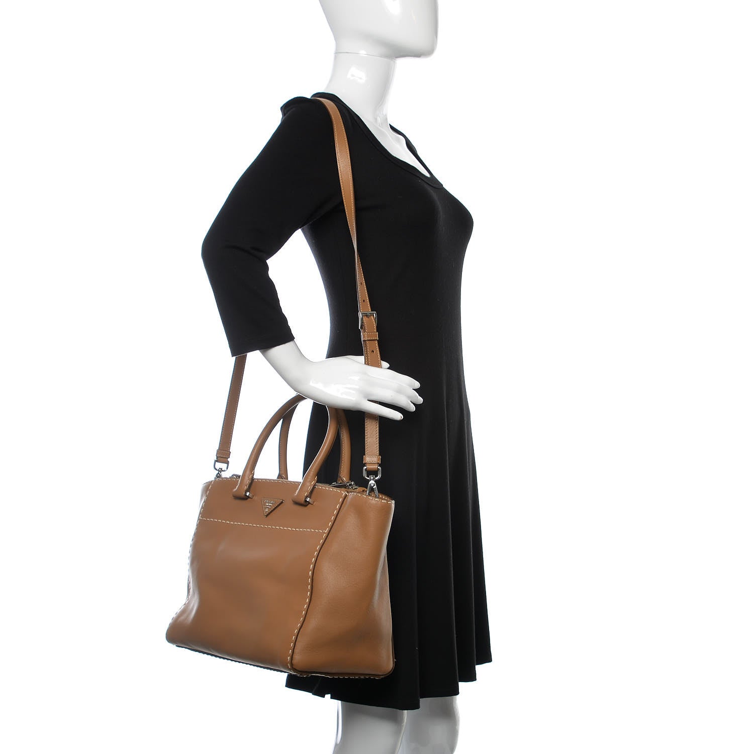 Prada City Calf Small Hand Stitched Galleria Double Zip Tote Caramel 2 of 15