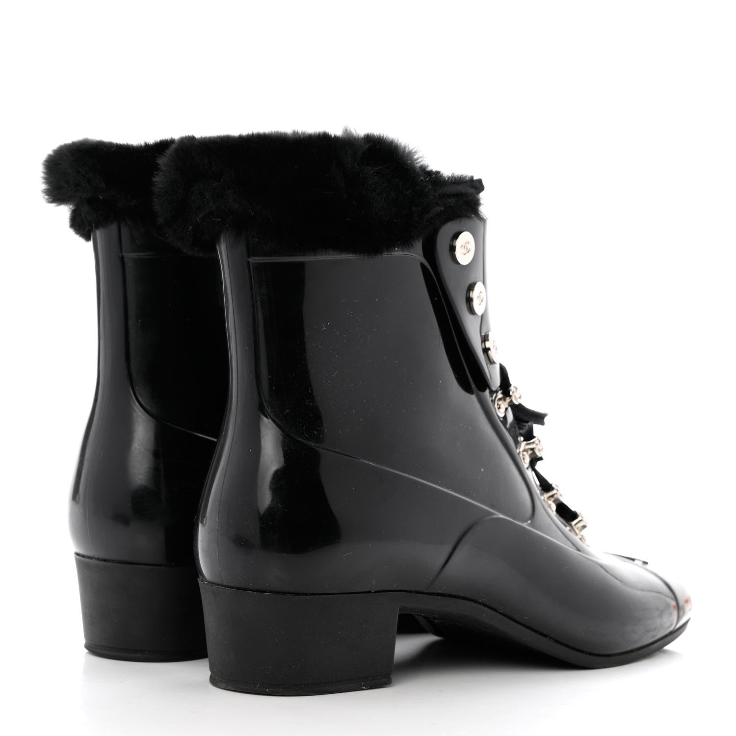 Chanel Rubber Rabbit Fur Lace Up Rain Boots 39 Black 4 of 8