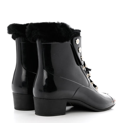 Chanel Rubber Rabbit Fur Lace Up Rain Boots 39 Black 4 of 8