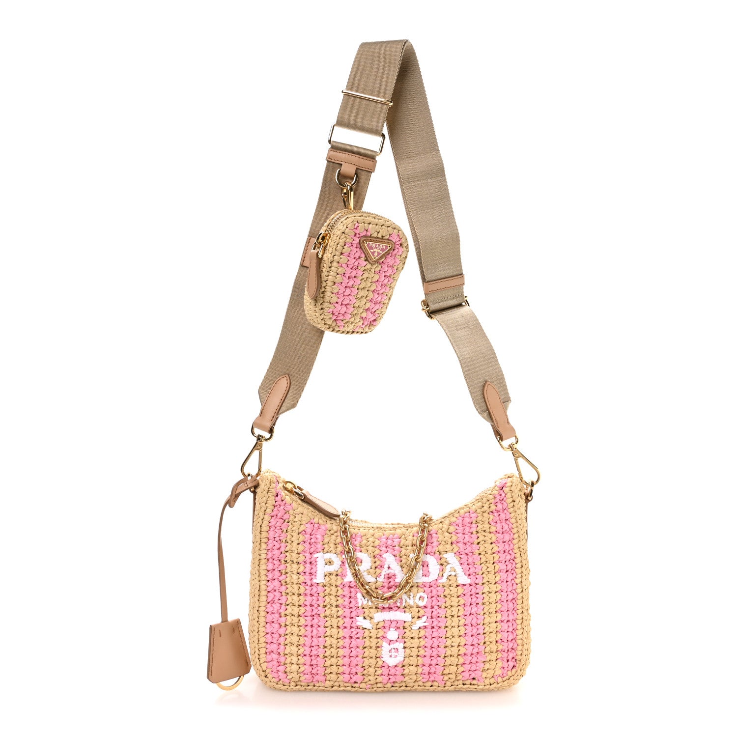 Prada Yarn Raffia Effect Crochet Striped Re-Edition 2005 Shoulder Bag Naturale Petalo 1 of 10