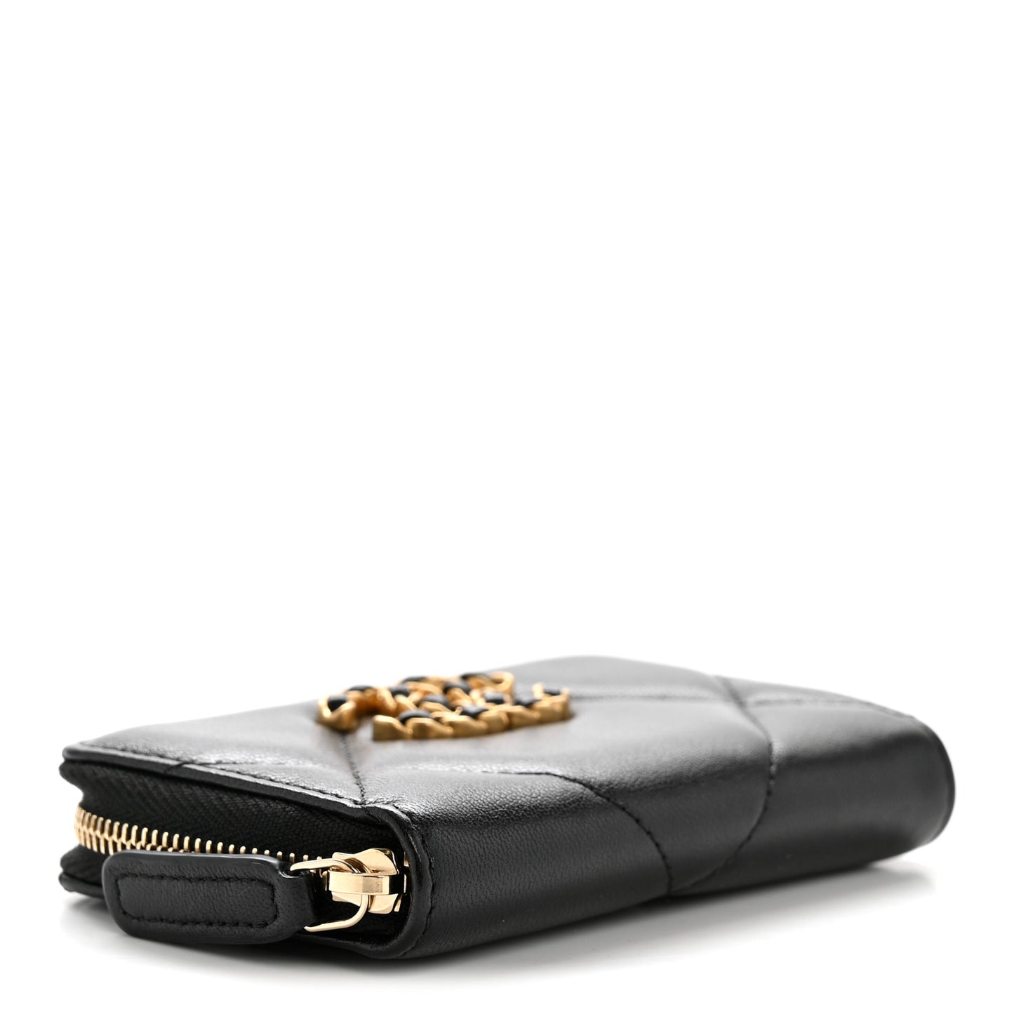 Lambskin Quilted Chanel 19 Zip Around Coin Purse Wallet Black