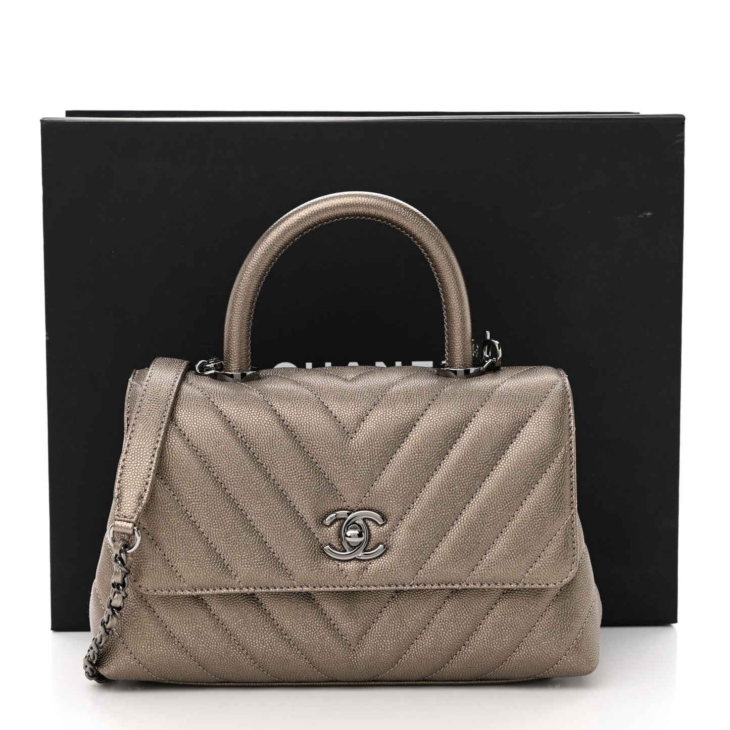 Metallic Caviar Chevron Quilted Mini Coco Handle Flap Light Gold