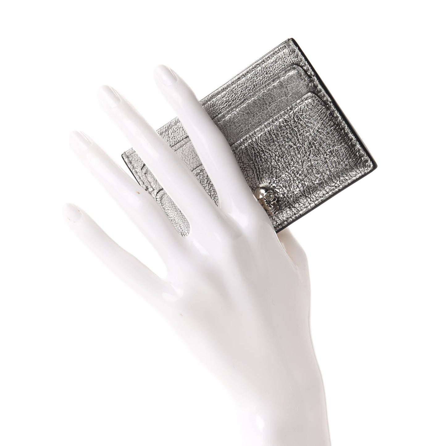 Metallic Calfskin Skull Card Holder Silver