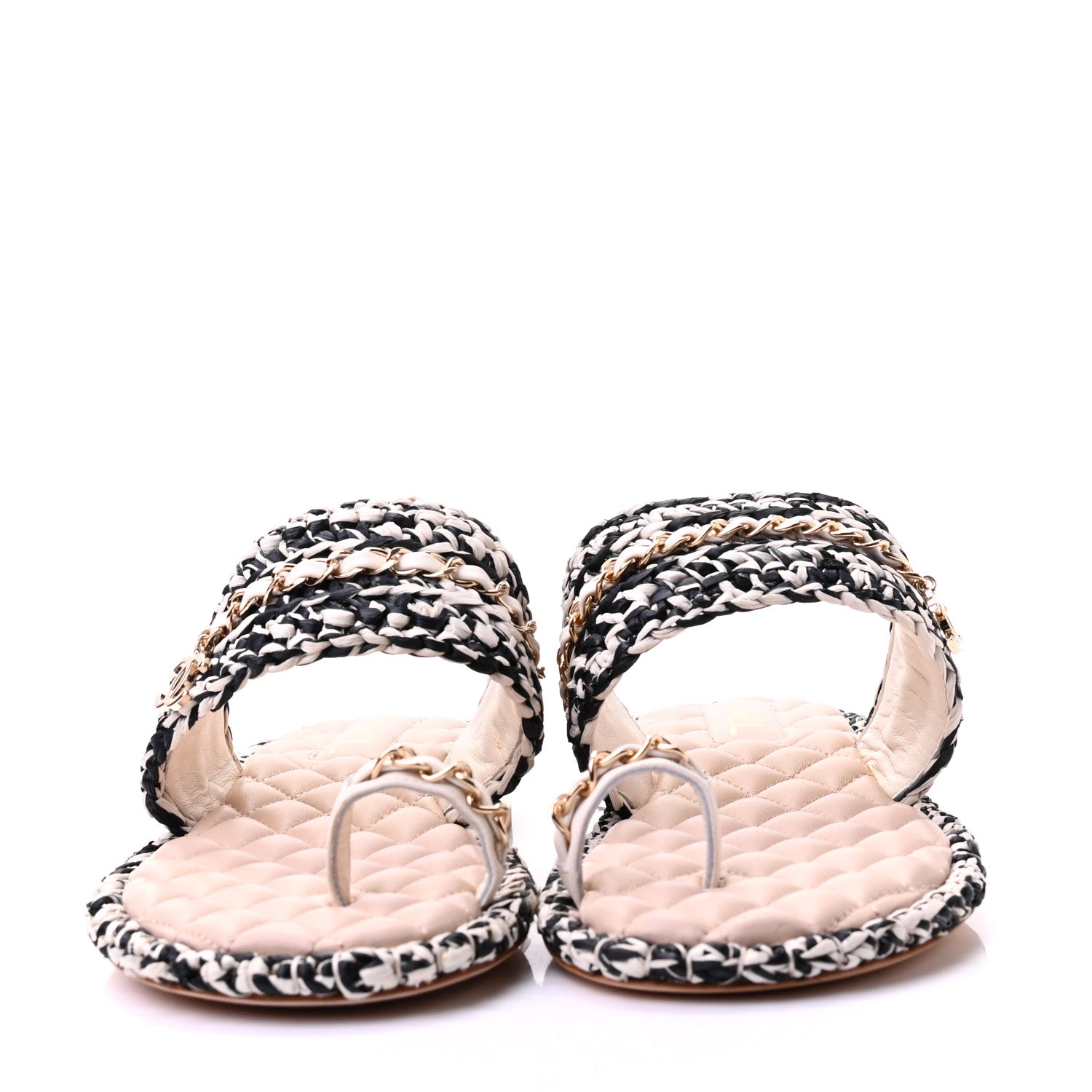 Chanel Raffia Lambskin Woven Chain CC Toe Ring Sandals 39.5 Black Beige 2 of 10