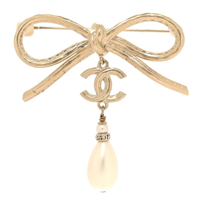 Chanel Pearl Crystal CC Bow Drop Brooch Gold Pearly White 1 of 4