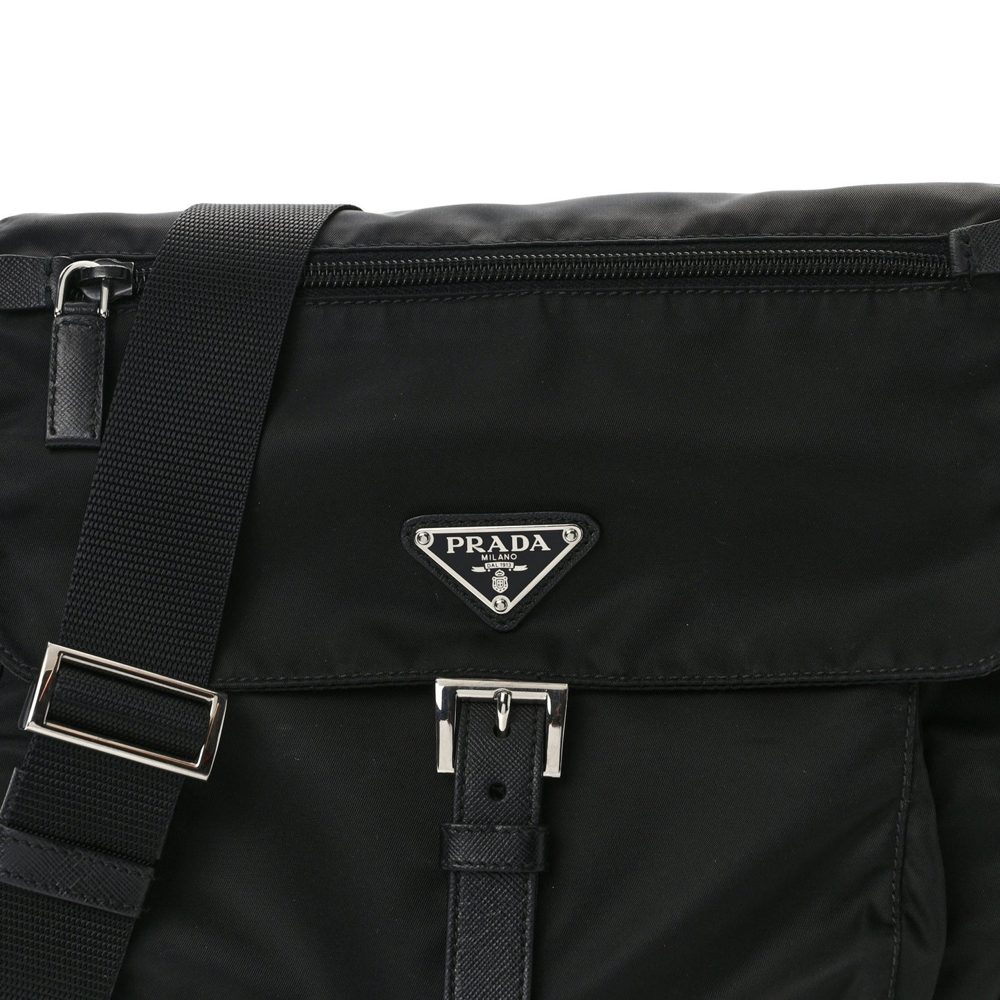 Re-Nylon Vela Saffiano Pocket Single Buckle Messenger Shoulder Bag Black