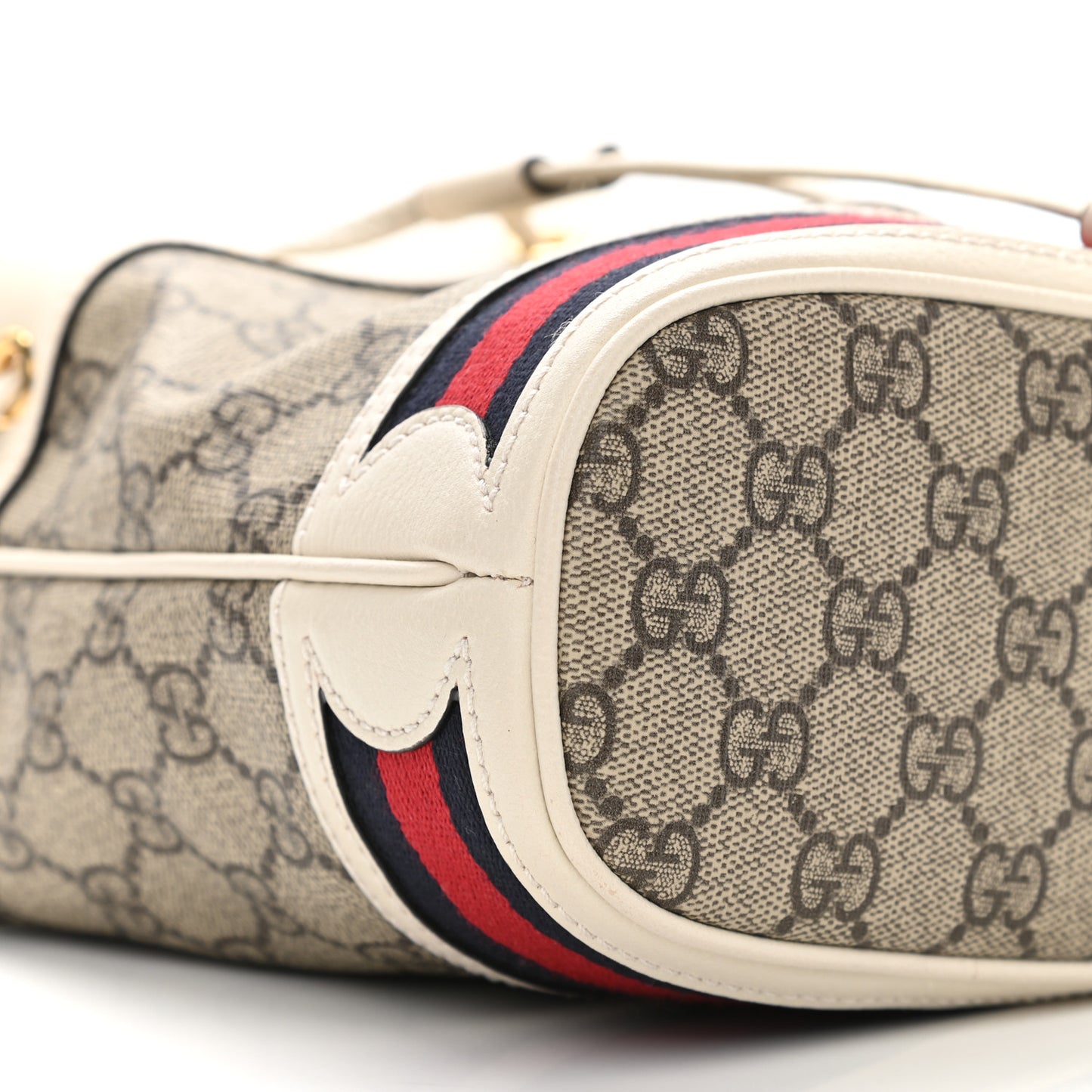 GG Supreme Monogram Textured Calfskin Web Mini Ophidia Bucket Bag Beige Ebony Mystic White