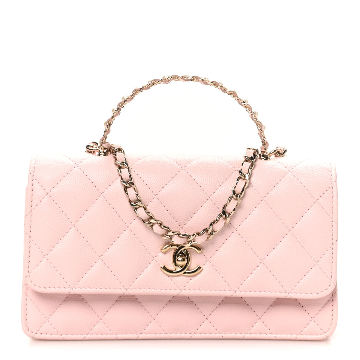 Lambskin Quilted Pearl Top Handle Clutch With Chain Light Pink