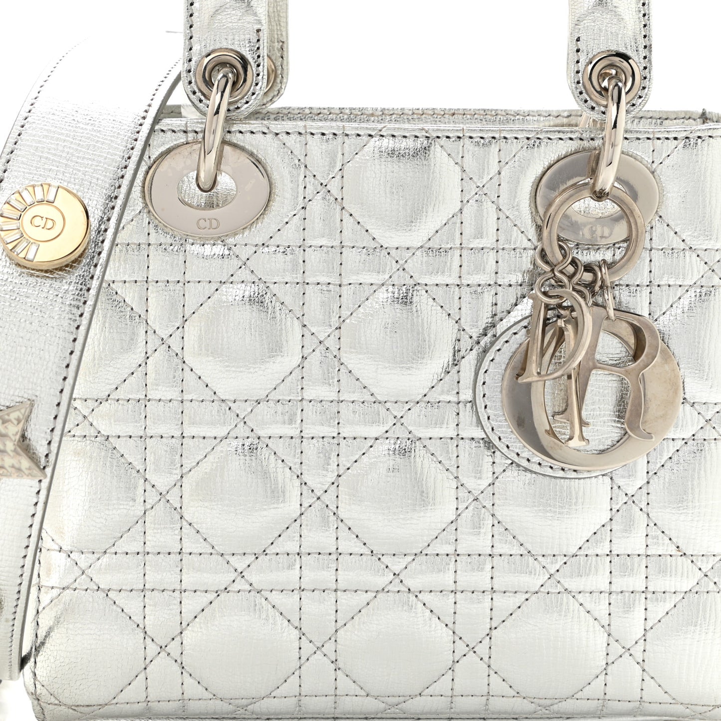 Metallic Grained Calfskin Cannage Small Lucky Badges My Lady Dior Silver