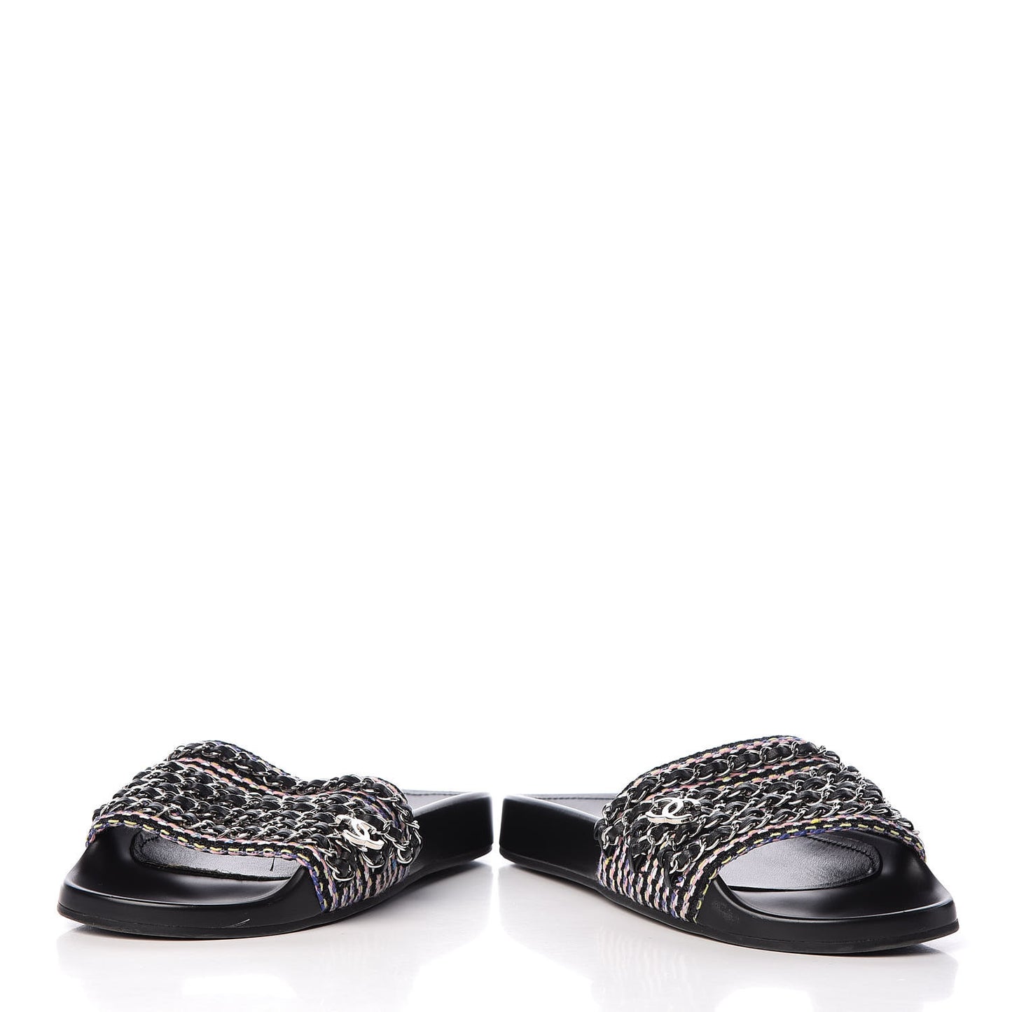 Tweed Lambskin Chain Flat Sandals 37 Black Multicolor
