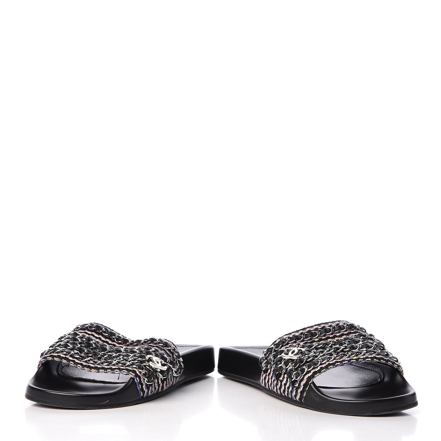 Chanel Tweed Lambskin Chain Flat Sandals 37 Black Multicolor 6 of 12