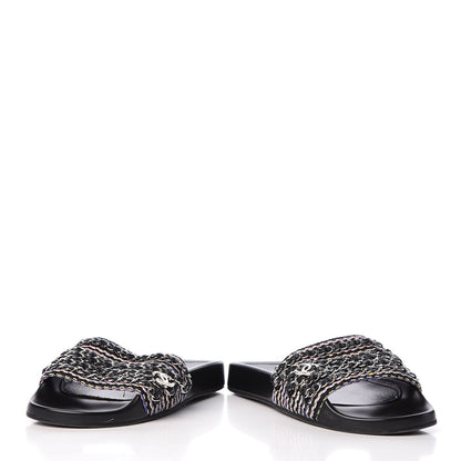 Chanel Tweed Lambskin Chain Flat Sandals 37 Black Multicolor 6 of 12