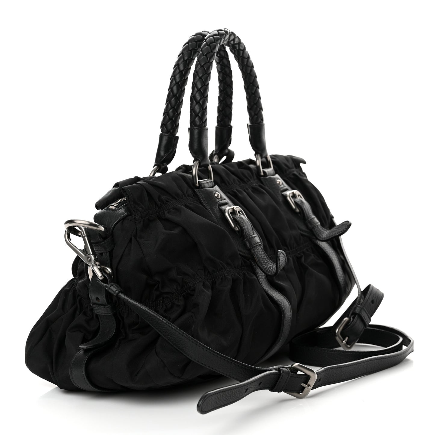 Tessuto Nylon Nappa Braided Gaufre Shopping Satchel Black