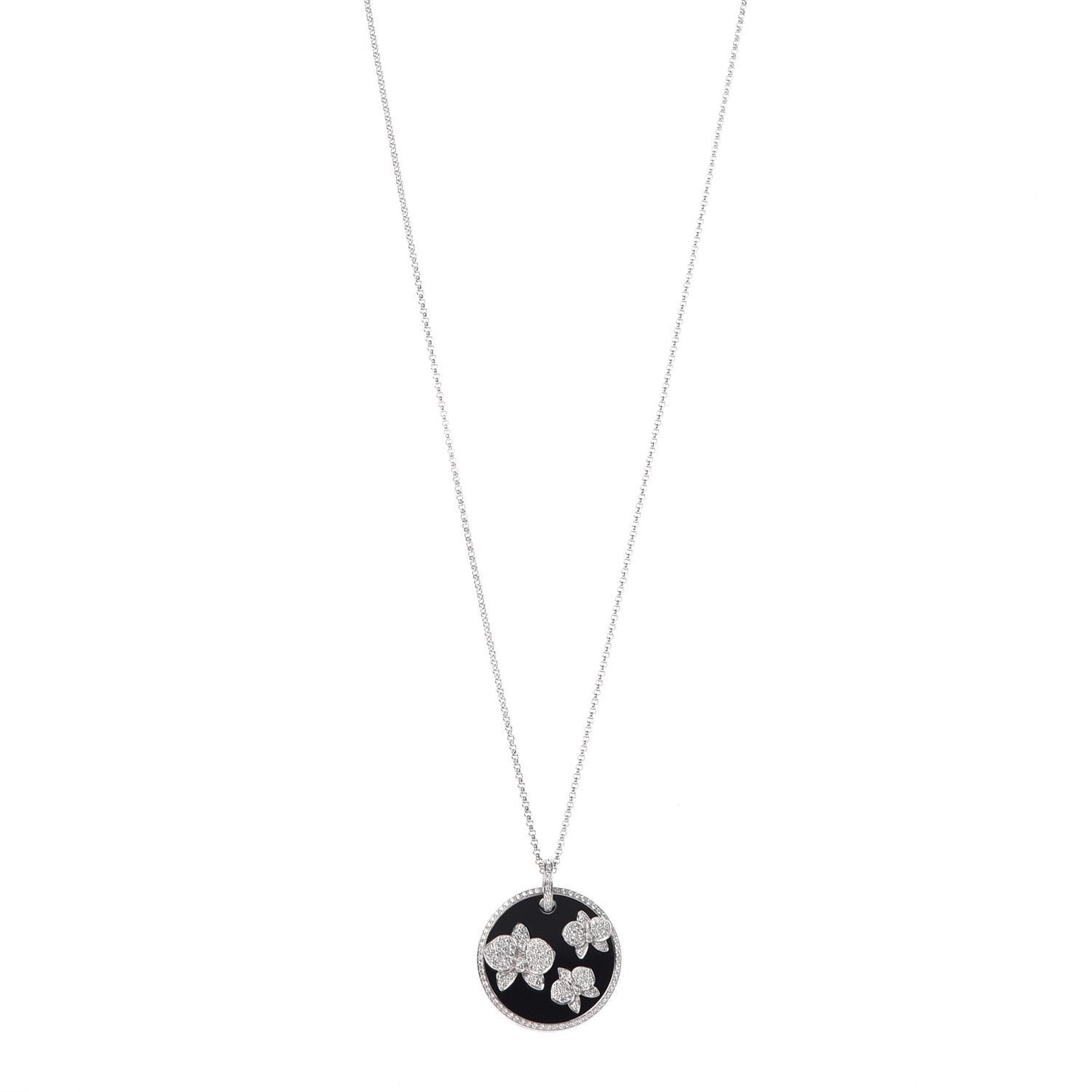 18K White Gold Diamond Black Onyx Caresse D'Orchidees Par Cartier Round Pendant Necklace