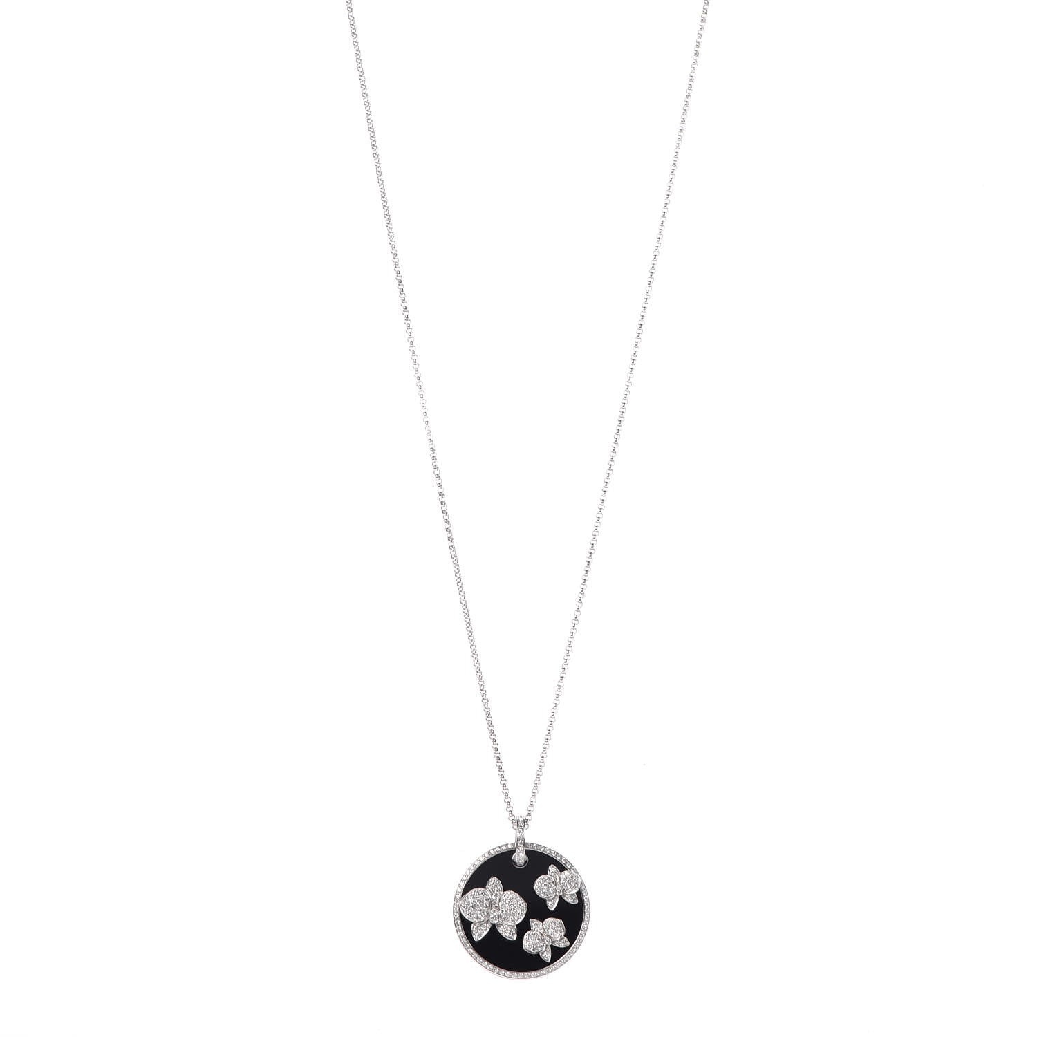 Cartier 18K White Gold Diamond Black Onyx Caresse D'Orchidees Par Cartier Round Pendant Necklace 1 of 7