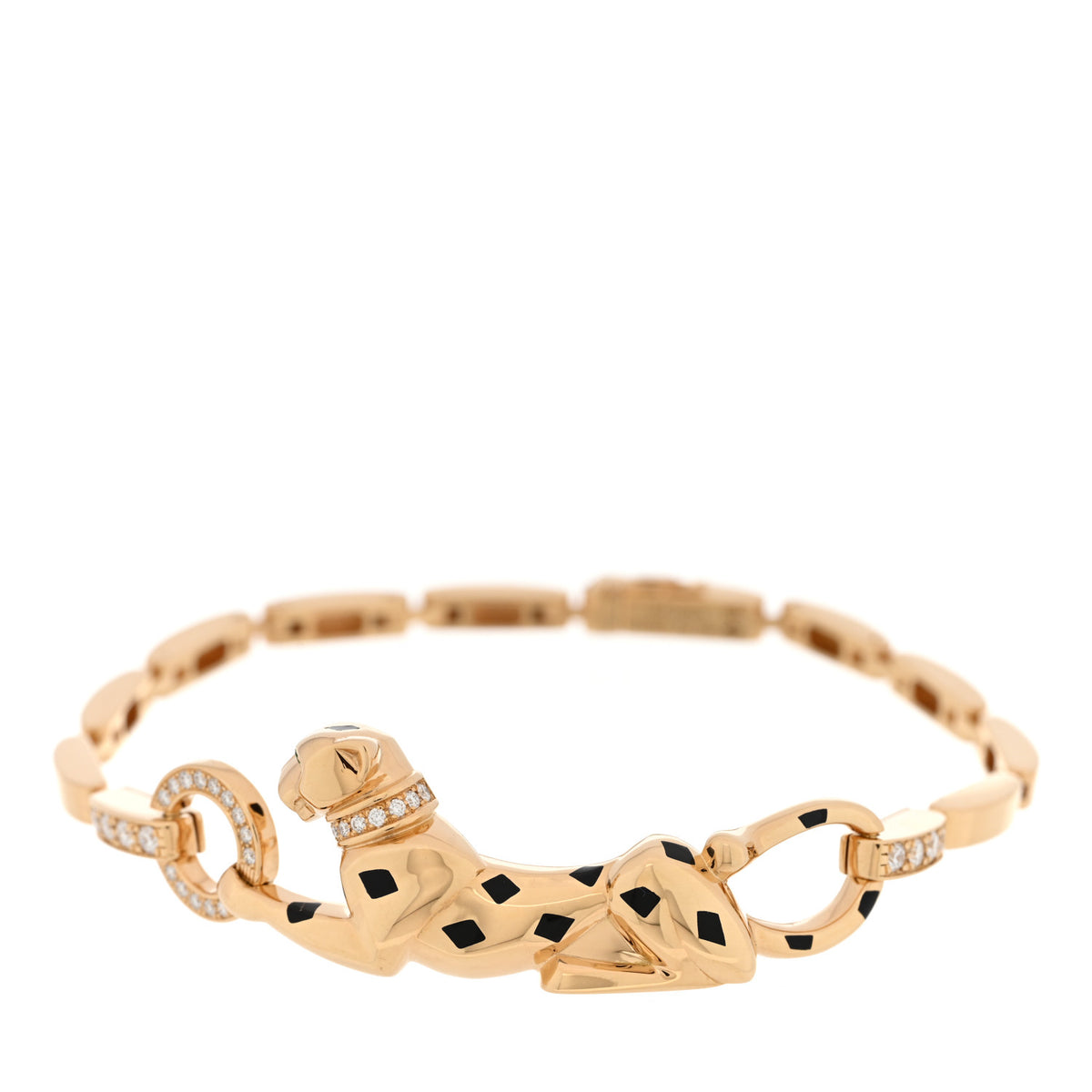 18K Yellow Gold Diamond Tsavorite Black Lacquer .26ctw Panthere De Cartier Chain Bracelet