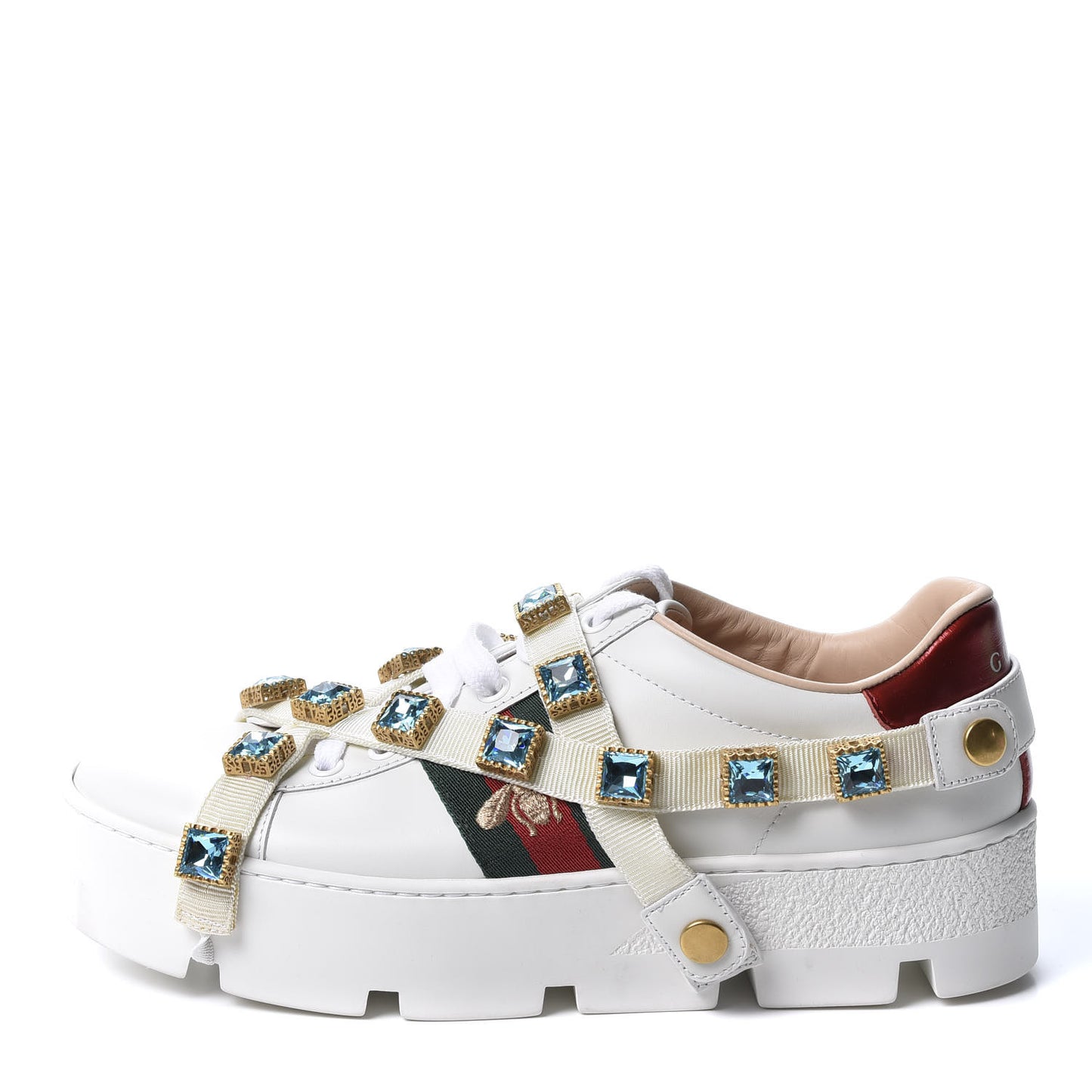 Calfskin Removable Crystals Bee Embroidered Womens Ace Platform Sneakers 36.5 White