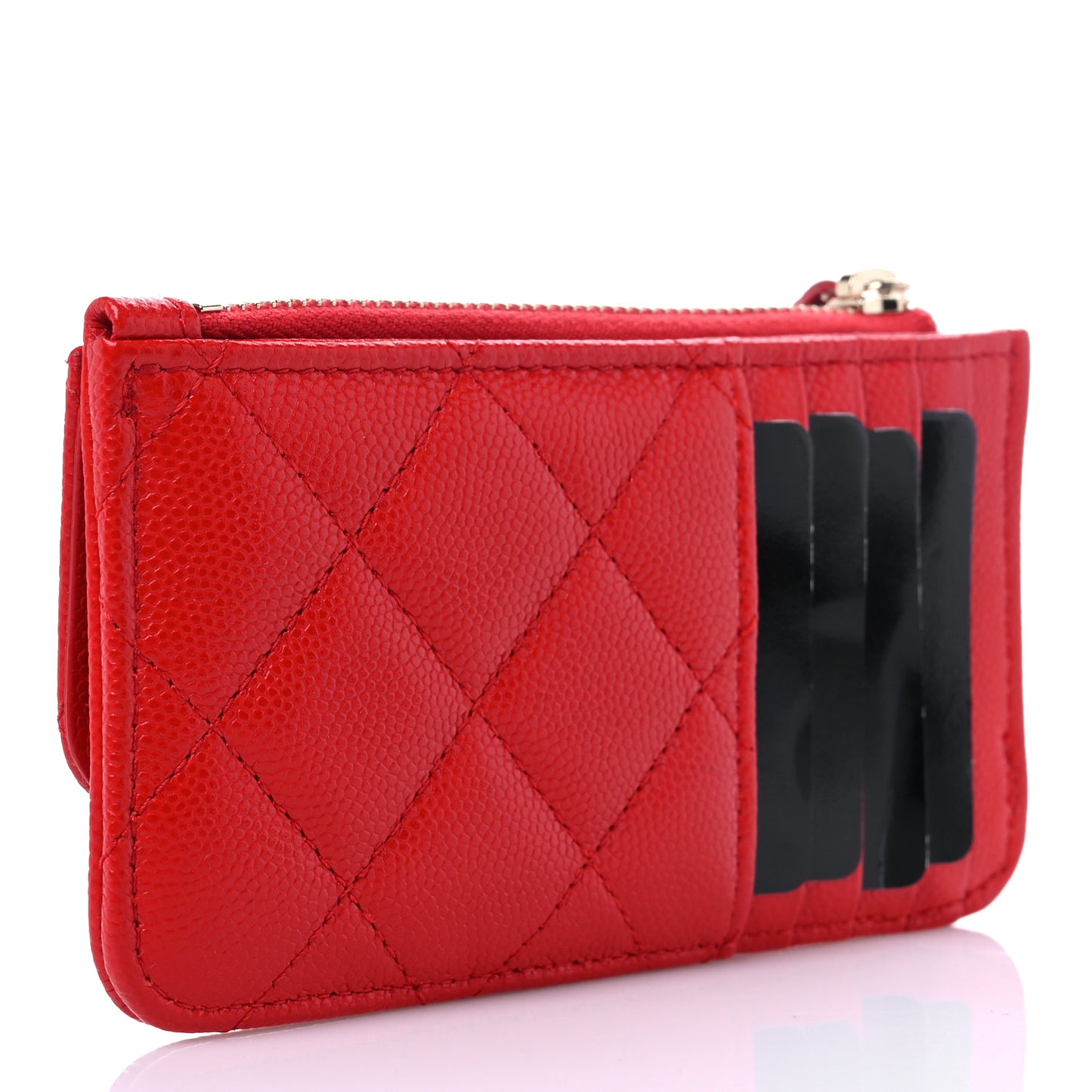 Caviar Quilted Flap Zip Card Holder Red