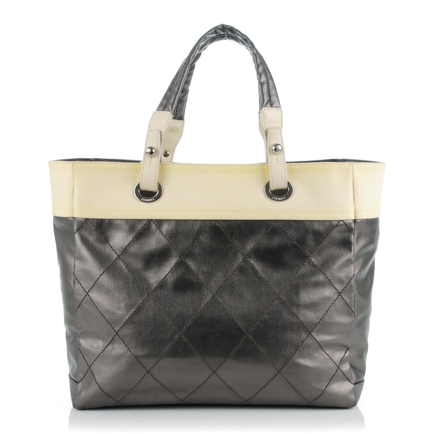 Coated Canvas Quilted Large Paris Biarritz Tote Silver