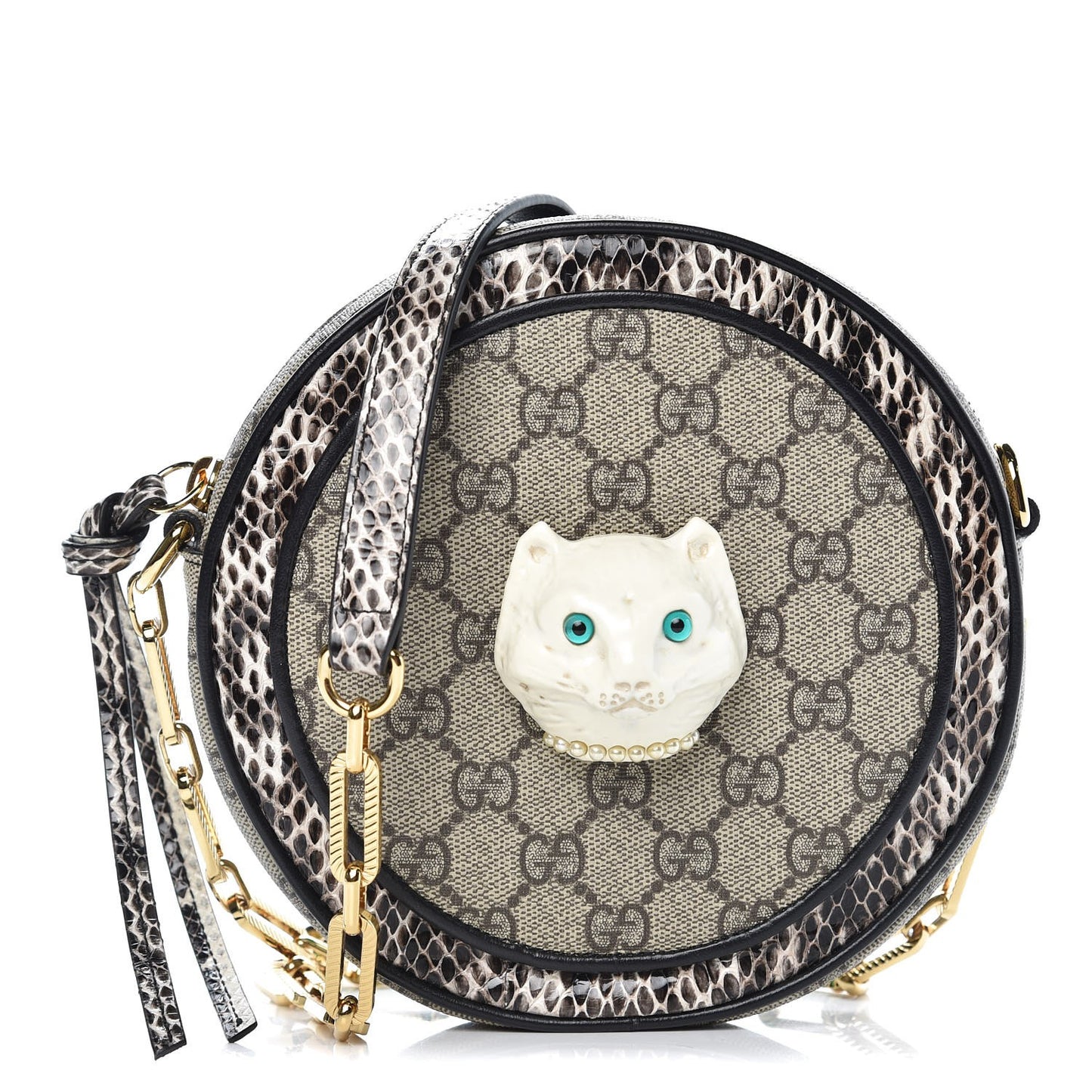 GG Supreme Monogram Patchwork Cat Round Shoulder Bag White Beige