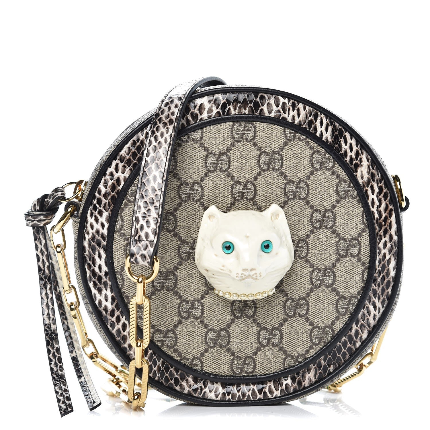 Gucci GG Supreme Monogram Patchwork Cat Round Shoulder Bag White Beige 1 of 7