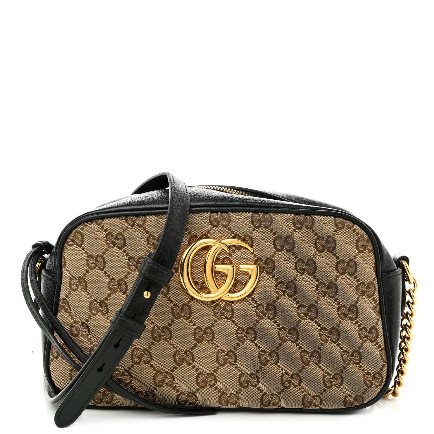 Gucci Monogram Matelasse Diagonal Small GG Marmont Chain Shoulder Bag Beige Black 1 of 12