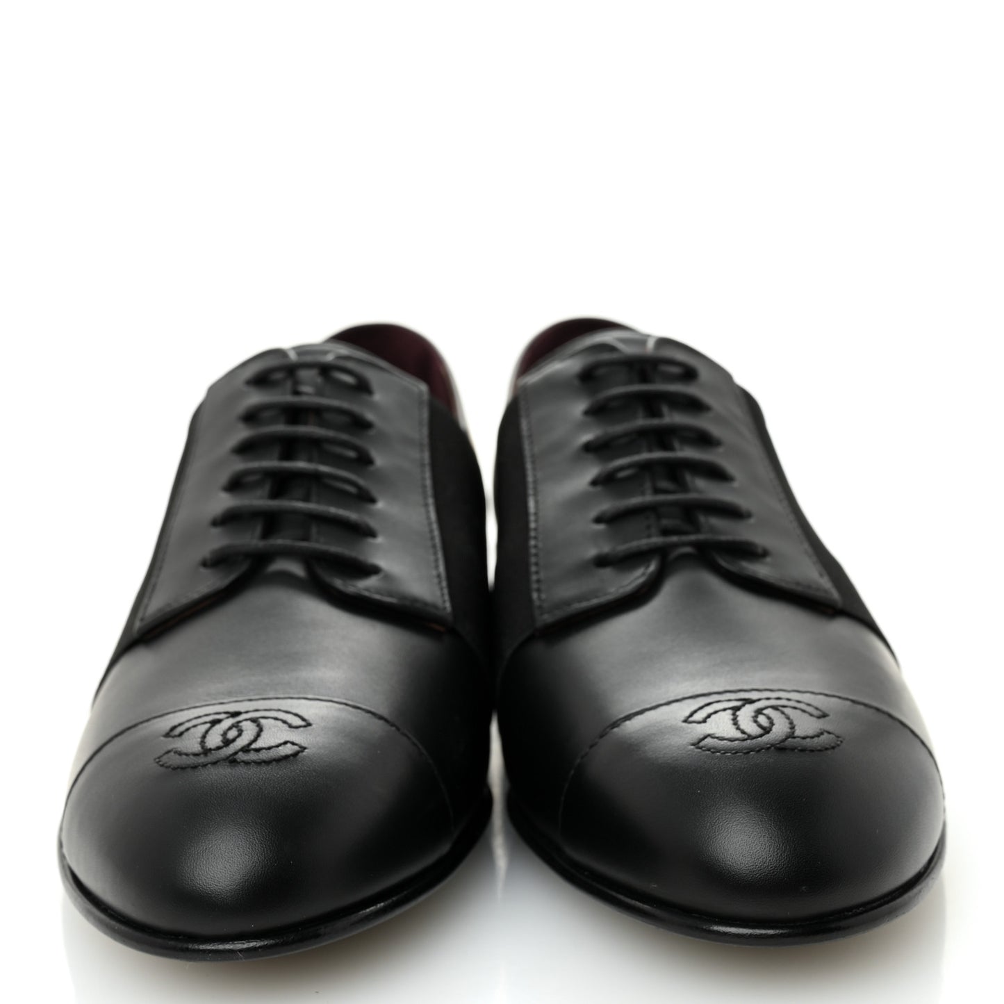 Calfskin Elastic Lace Up Cap Toe CC Loafers 38 Black