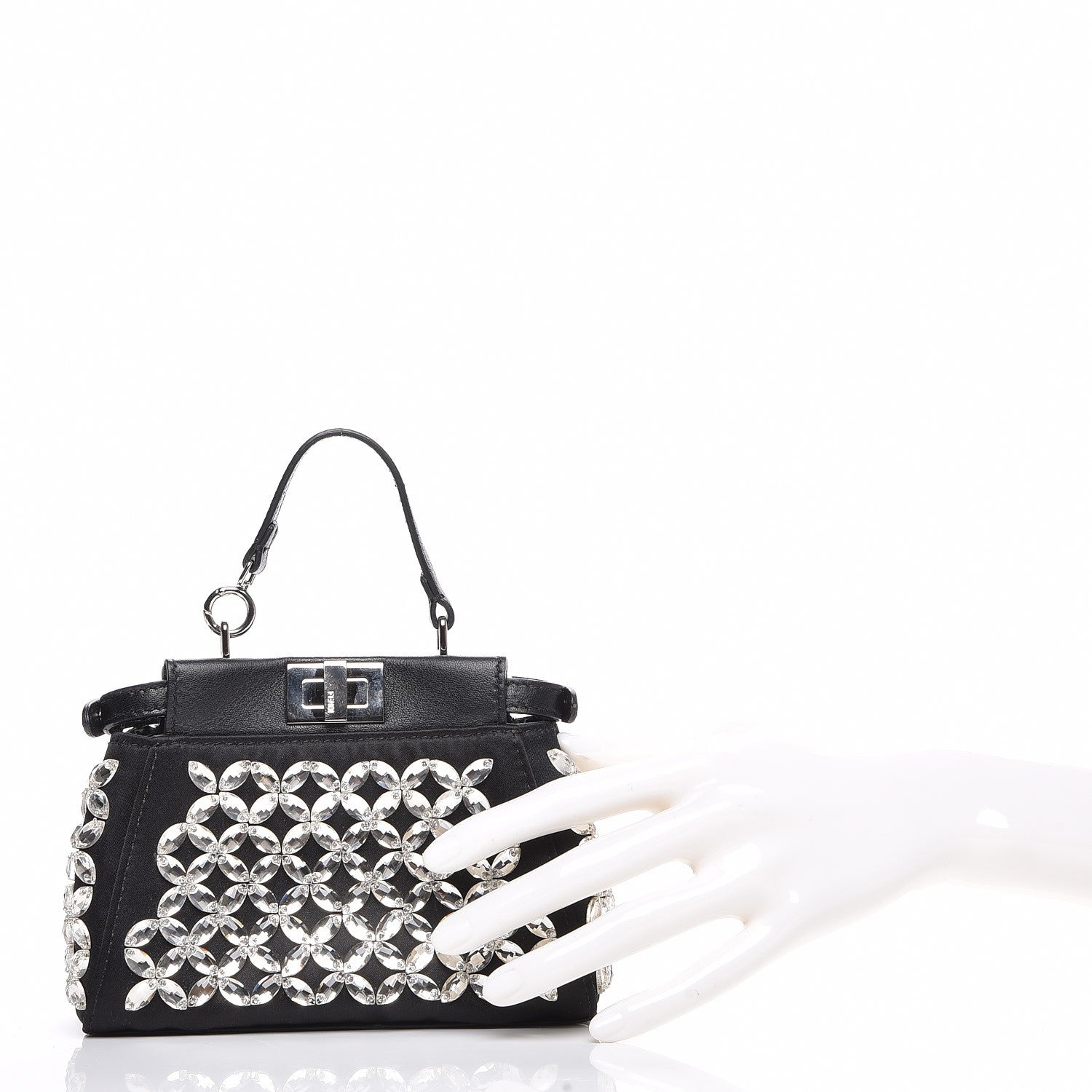 Fendi Satin Crystal Shiny Nappa Embroidered Micro Peekaboo Iconic Satchel Black Crystal 2 of 12