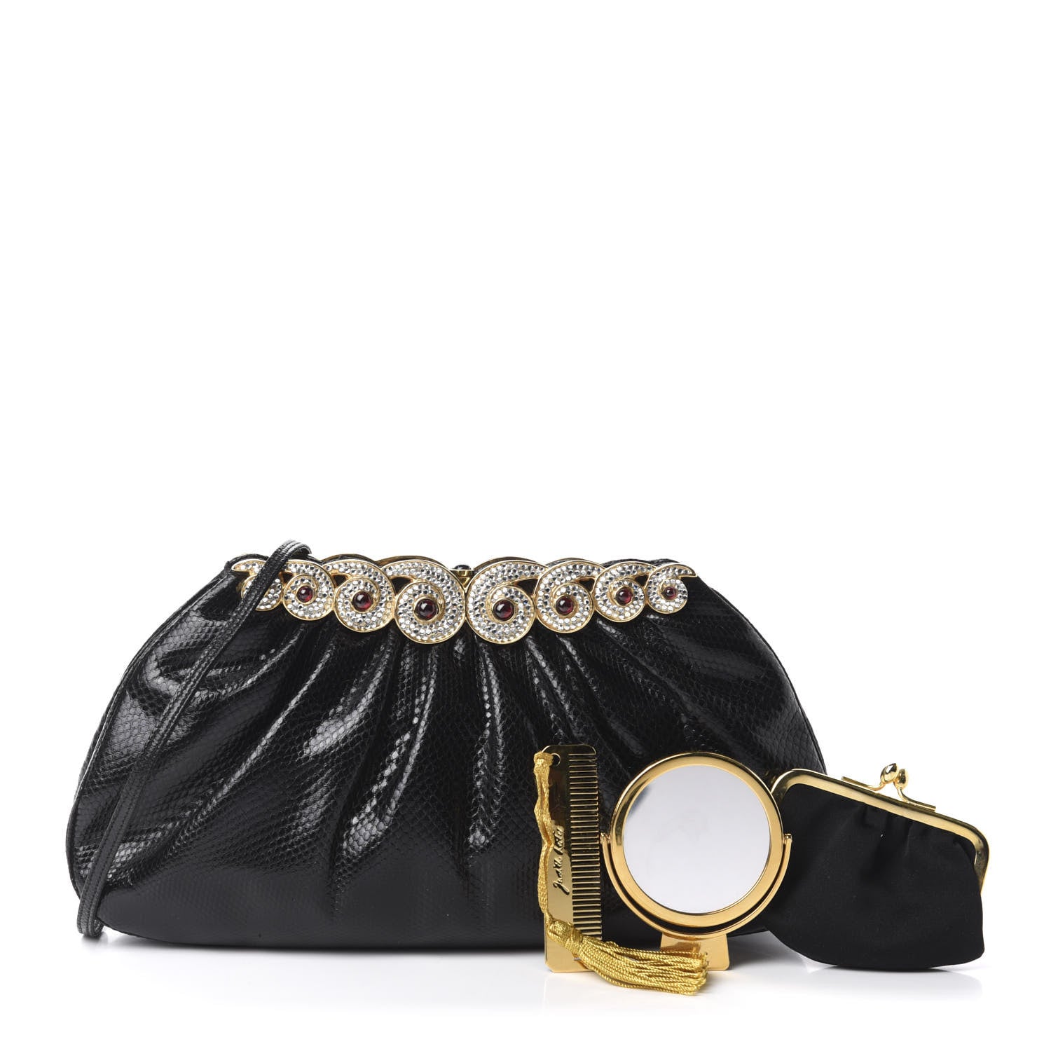 Judith Leiber Snakeskin Pleated Crystal Evening Bag Black 1 of 10