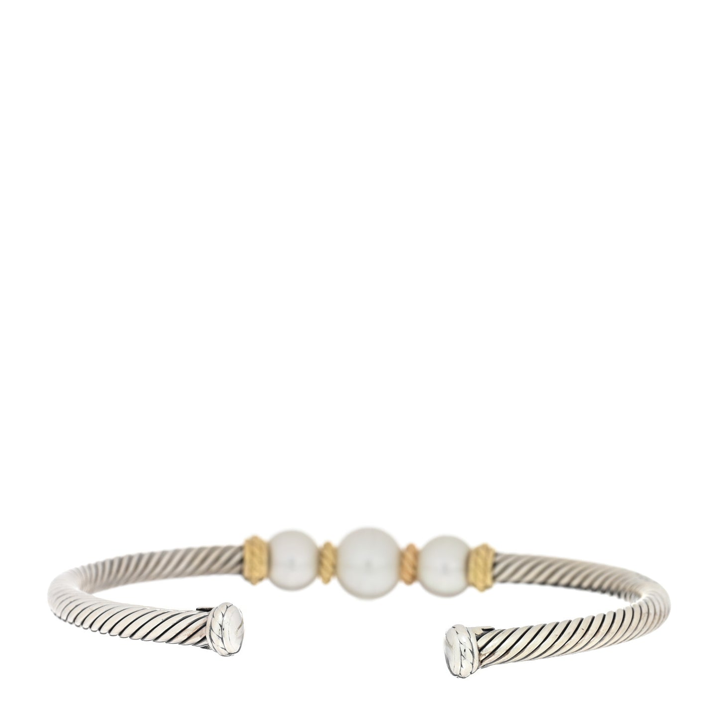 Sterling Silver 18K Yellow Gold Graduated Pearl 4mm Cable Classics Cuff Bracelet