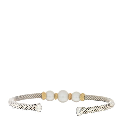 David Yurman Sterling Silver 18K Yellow Gold Graduated Pearl 4mm Cable Classics Cuff Bracelet 2 of 3