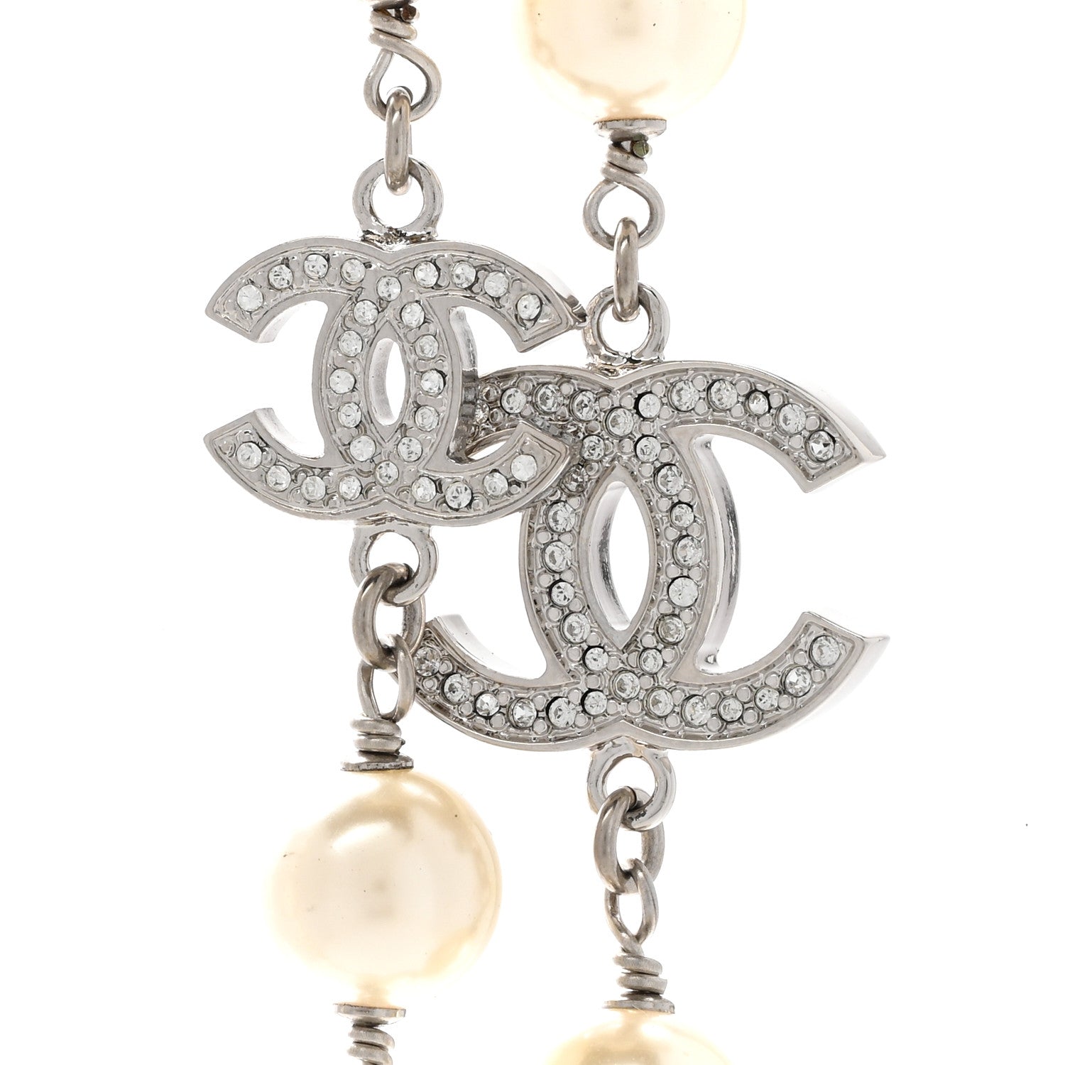 Chanel Graduated Pearl Crystal CC Long Necklace Silver 4 of 10