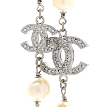 Chanel Graduated Pearl Crystal CC Long Necklace Silver 4 of 10