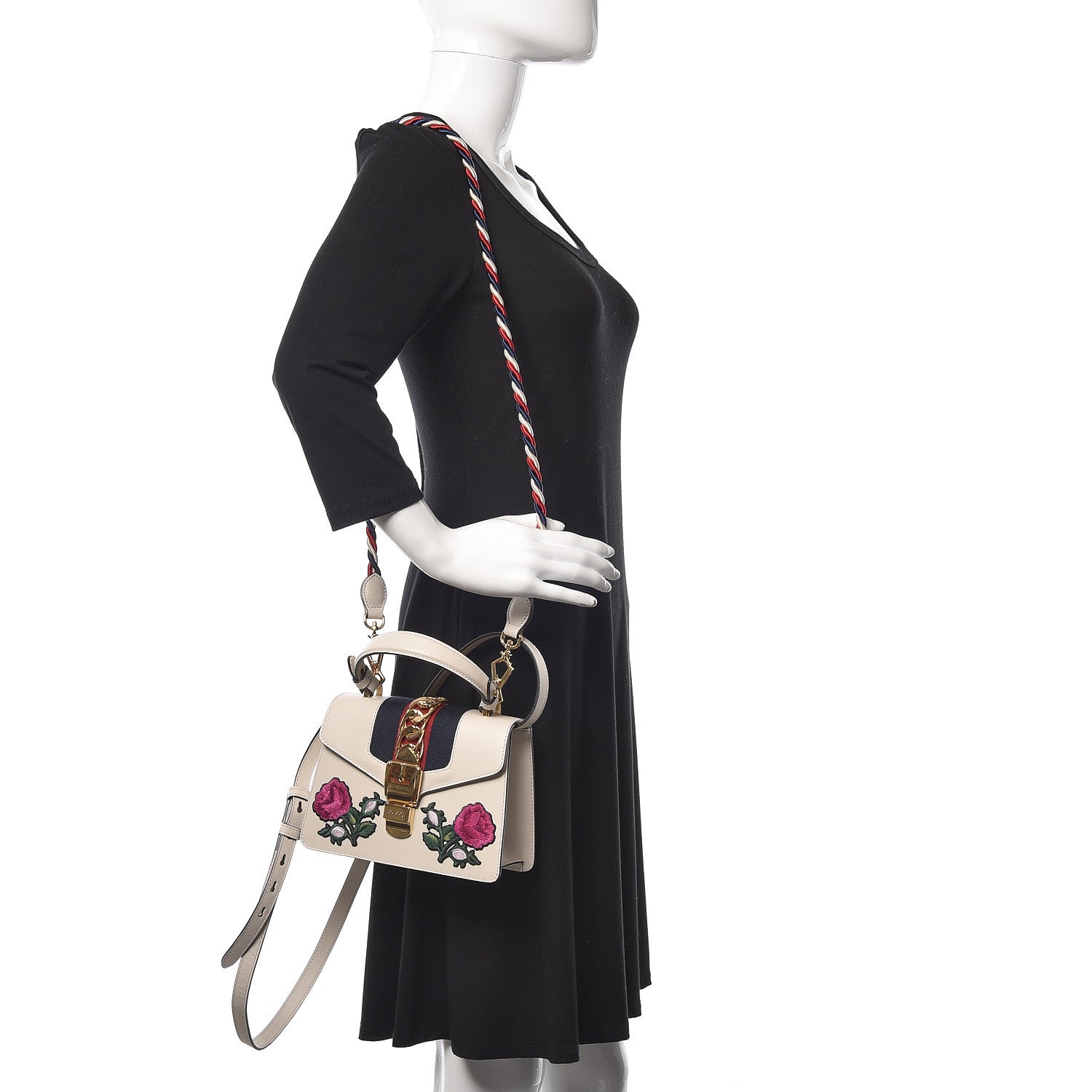 Gucci Calfskin Embroidered Mini Sylvie Top Handle Bag White 3 of 10