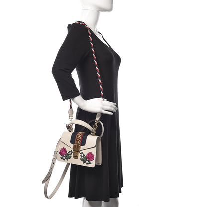 Gucci Calfskin Embroidered Mini Sylvie Top Handle Bag White 3 of 10