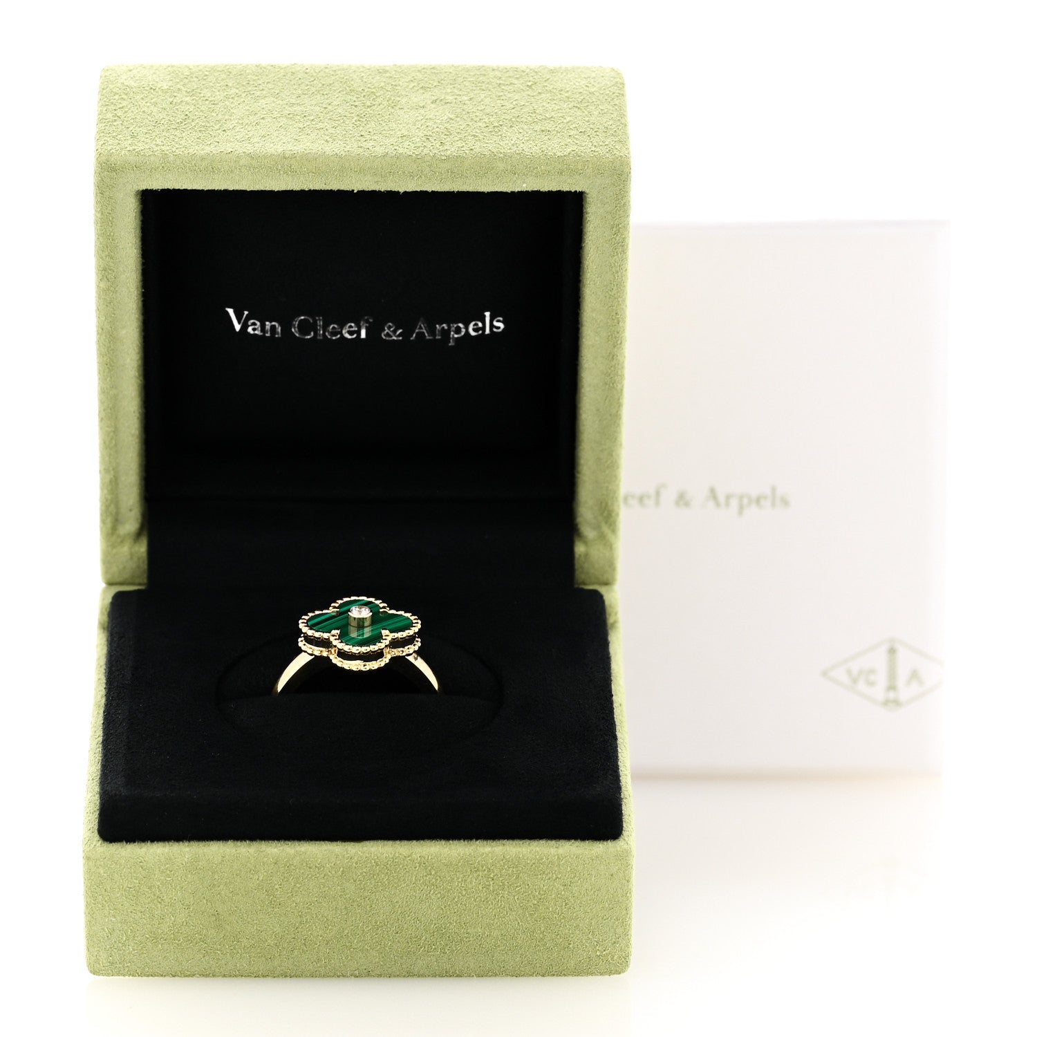 Van Cleef & Arpels 18K Yellow Gold Diamond Malachite Vintage Alhambra Ring 57 8 5 of 5