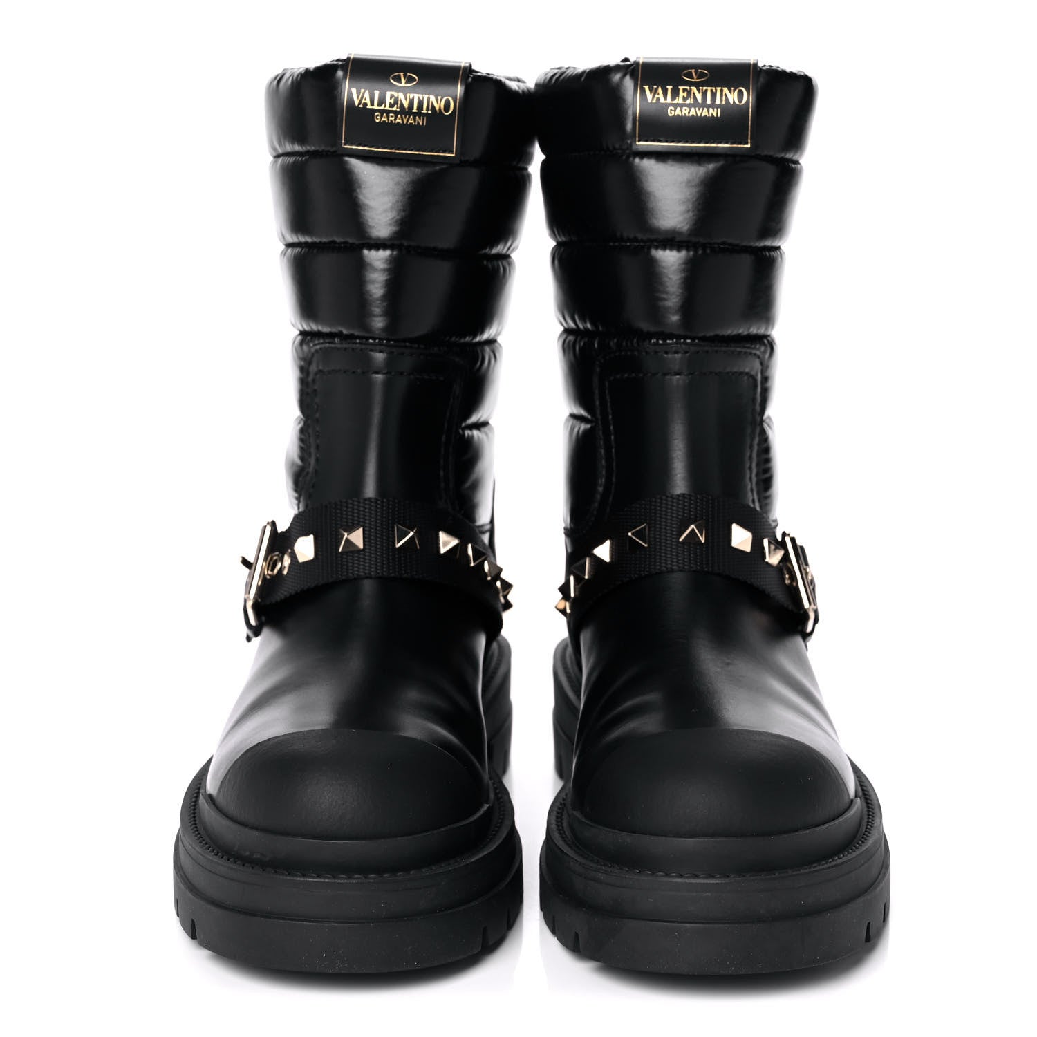 Valentino Garavani Calfskin Nylon Quilted Waterproof Rockstud 40mm Biker Boots 37.5 Black 2 of 11
