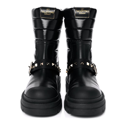 Valentino Garavani Calfskin Nylon Quilted Waterproof Rockstud 40mm Biker Boots 37.5 Black 2 of 11