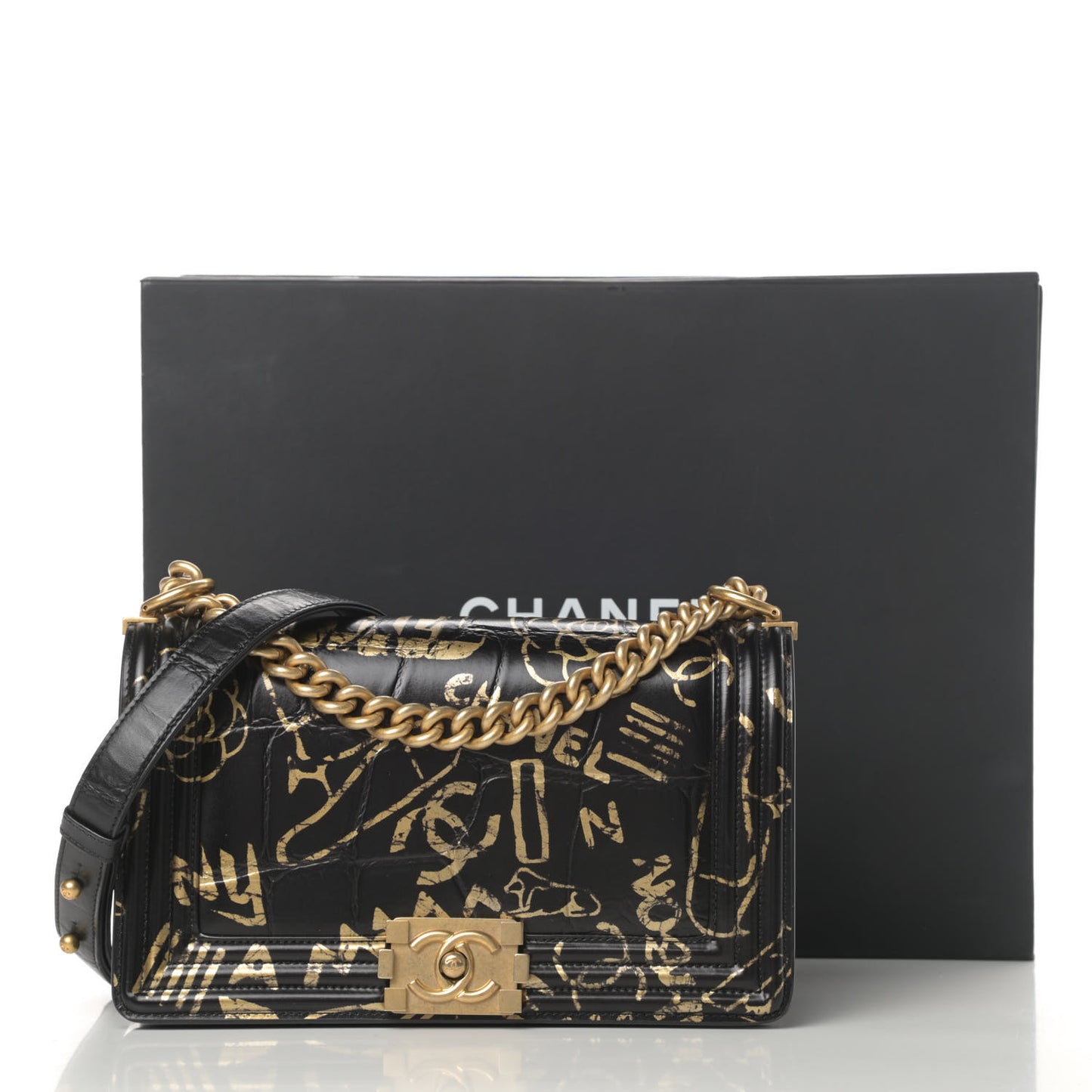 Calfskin Crocodile Embossed Graffiti Cocodile Medium Boy Flap Black