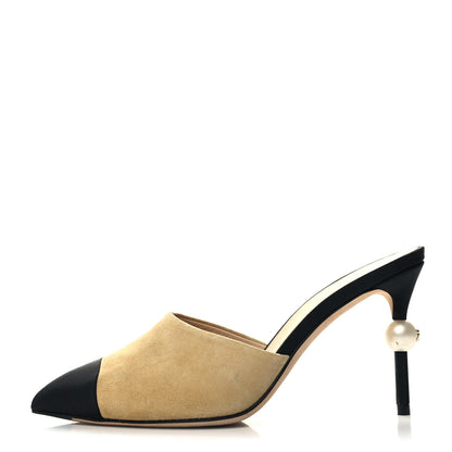 Chanel Suede Grosgrain Cap Toe CC Mules 37.5 Beige Black 1 of 8