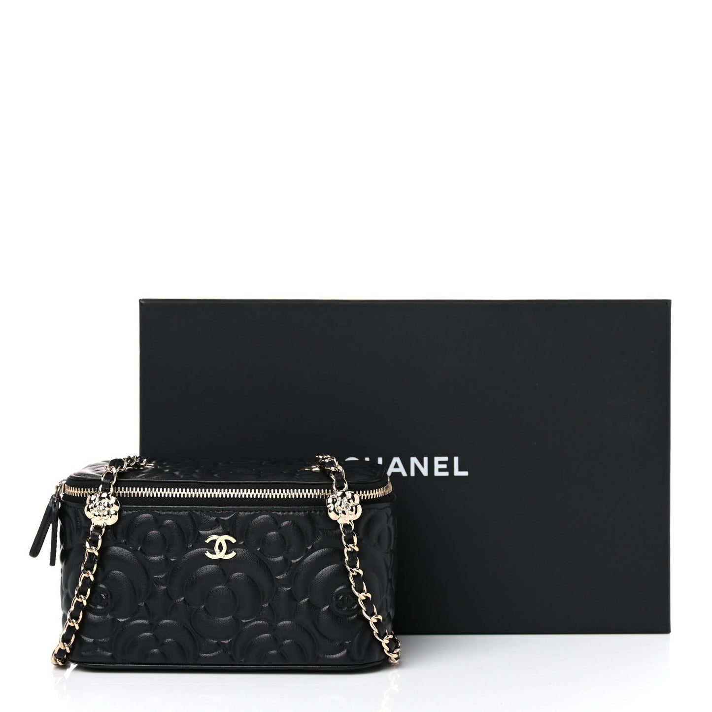 Lambskin Camellia Embossed Small Vanity Case With Chain Black