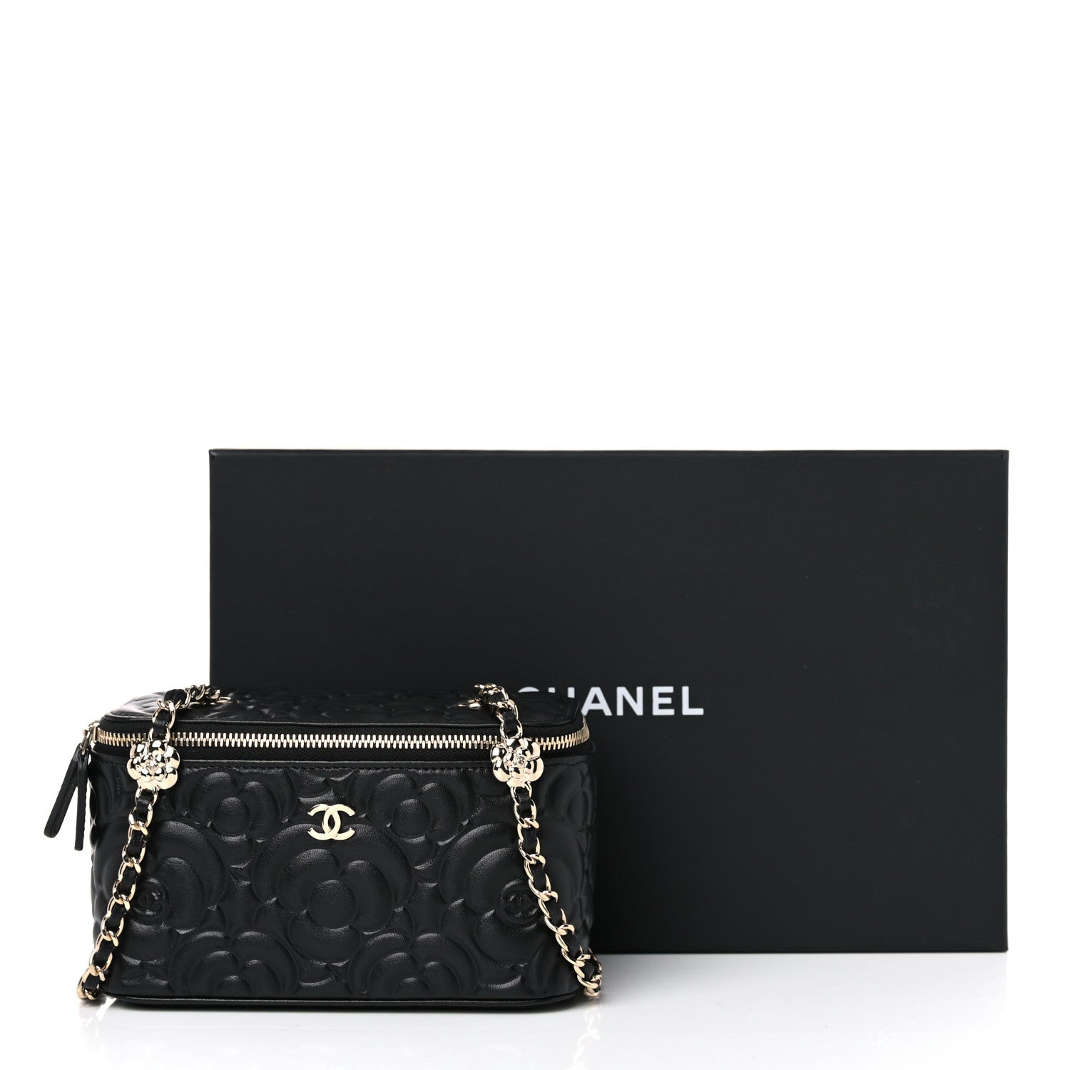 Chanel Lambskin Camellia Embossed Small Vanity Case With Chain Black 10 of 10