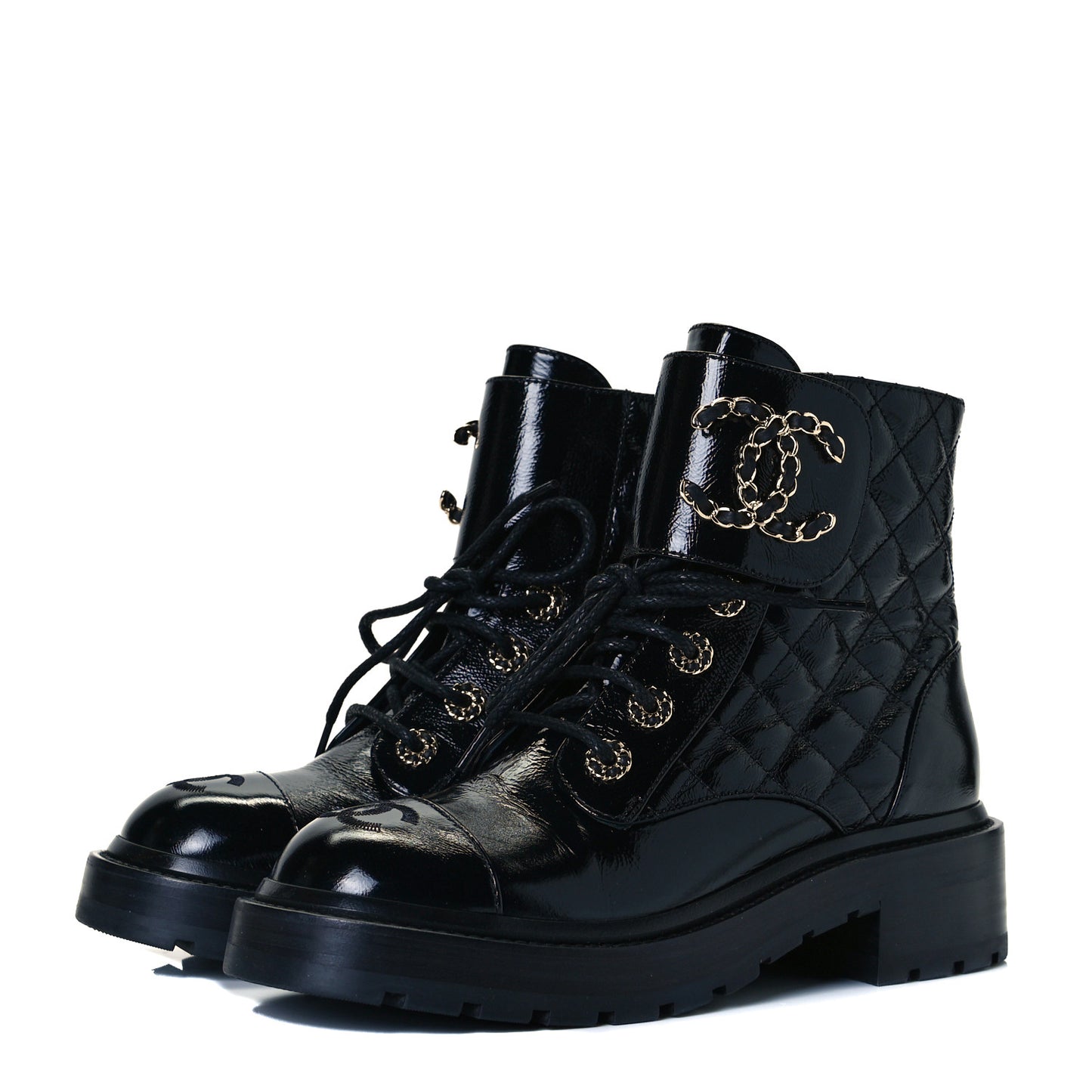 Shiny Calfskin Quilted Lace Up Combat Boots 36 Black