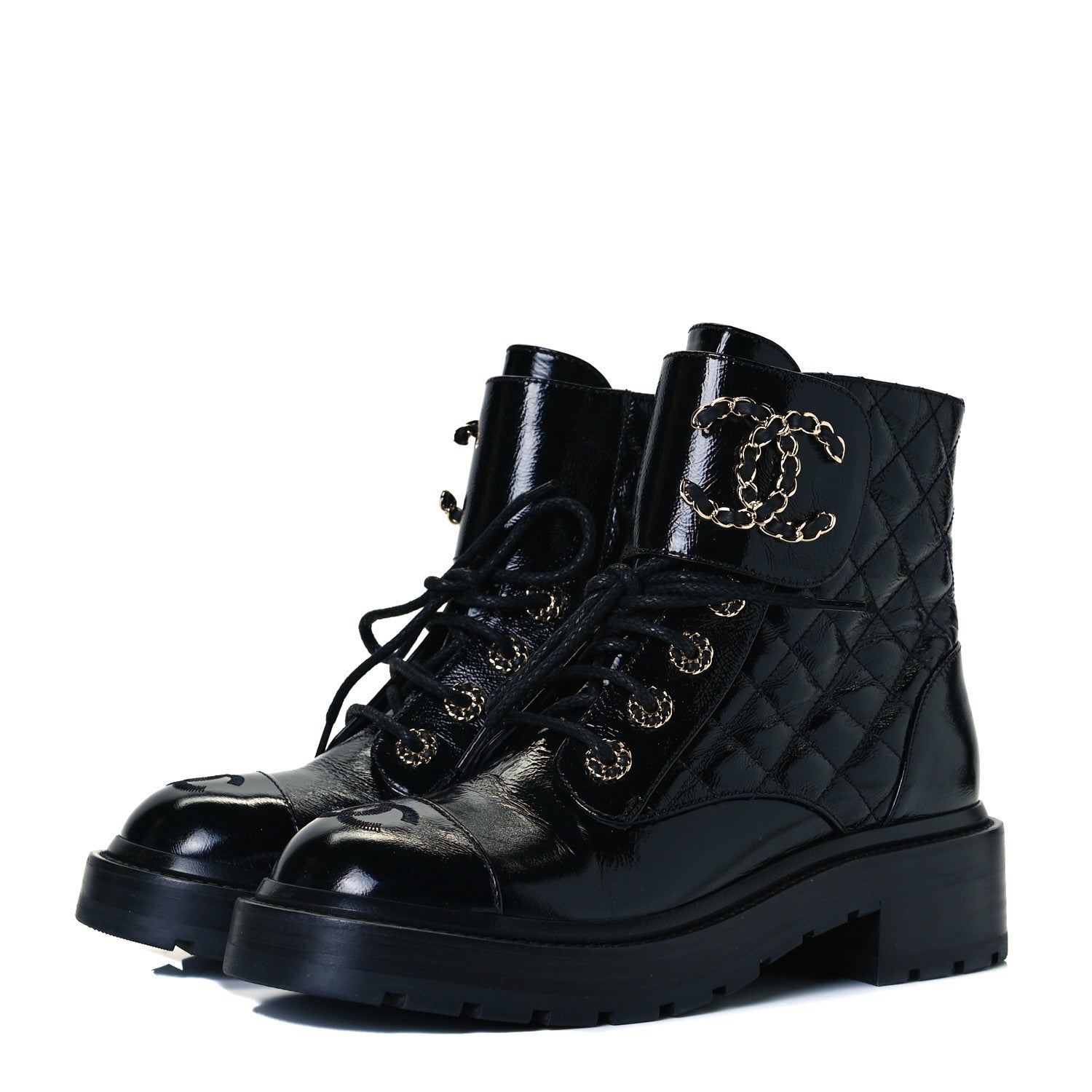 Chanel Shiny Calfskin Quilted Lace Up Combat Boots 36 Black 2 of 7