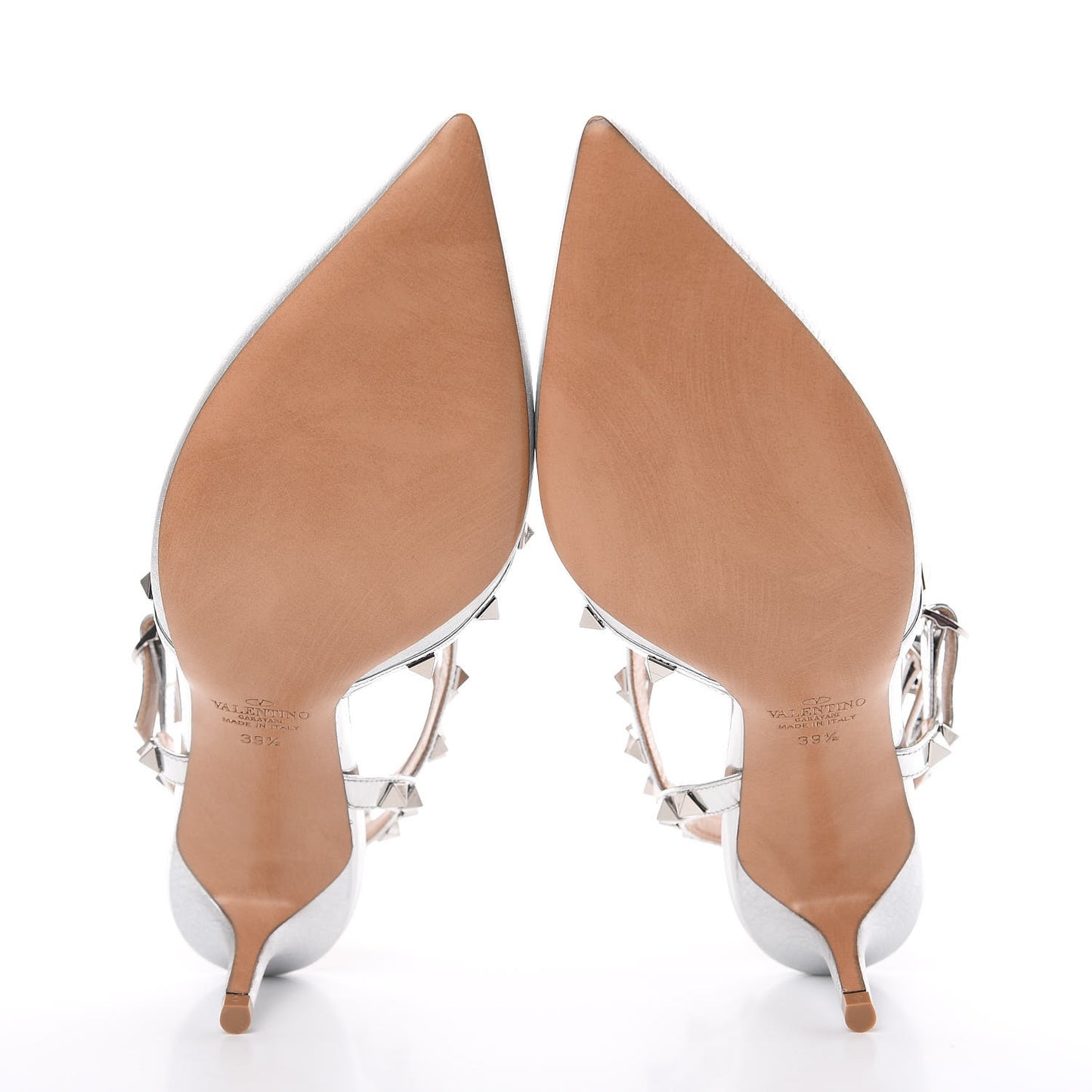 Metallic Pebbled Calfskin Rockstud Ankle Strap Low Heel Pumps 39.5 Silver