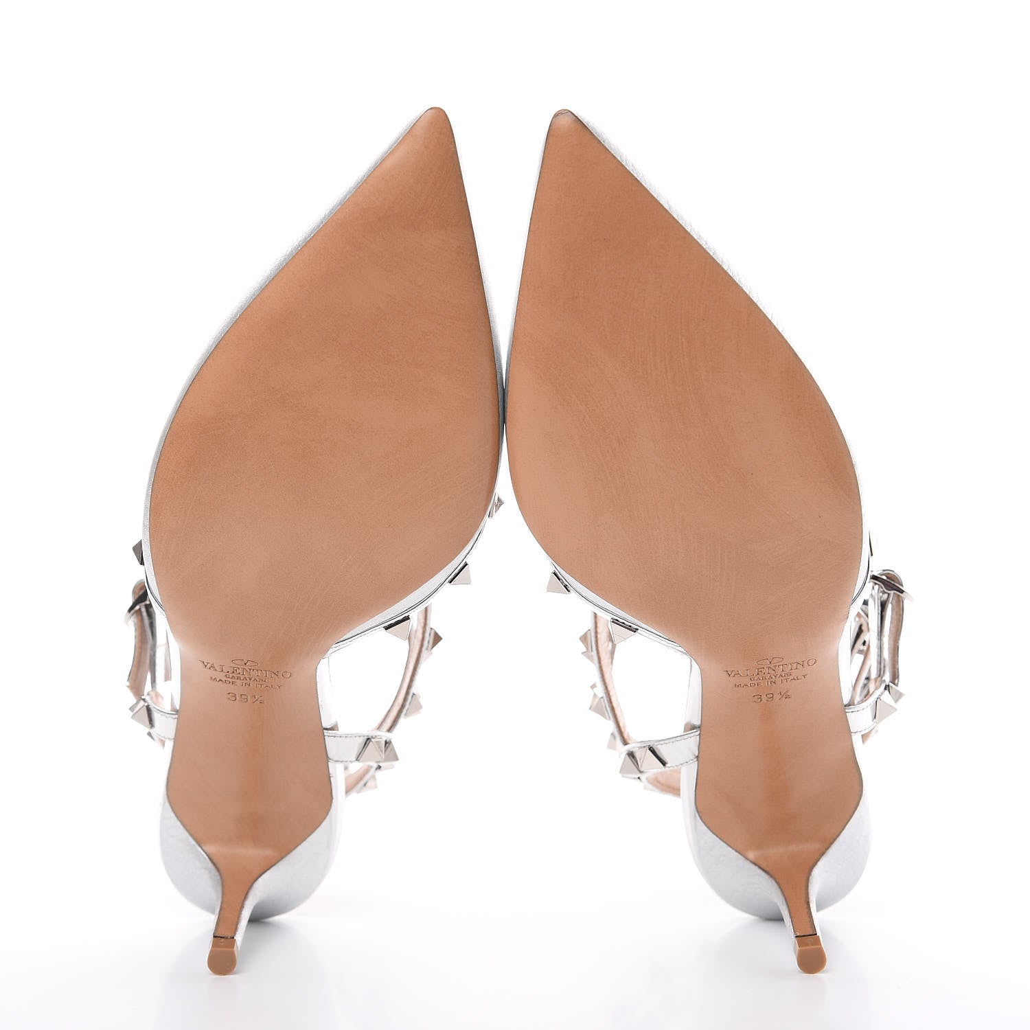 Valentino Garavani Metallic Pebbled Calfskin Rockstud Ankle Strap Low Heel Pumps 39.5 Silver 5 of 9