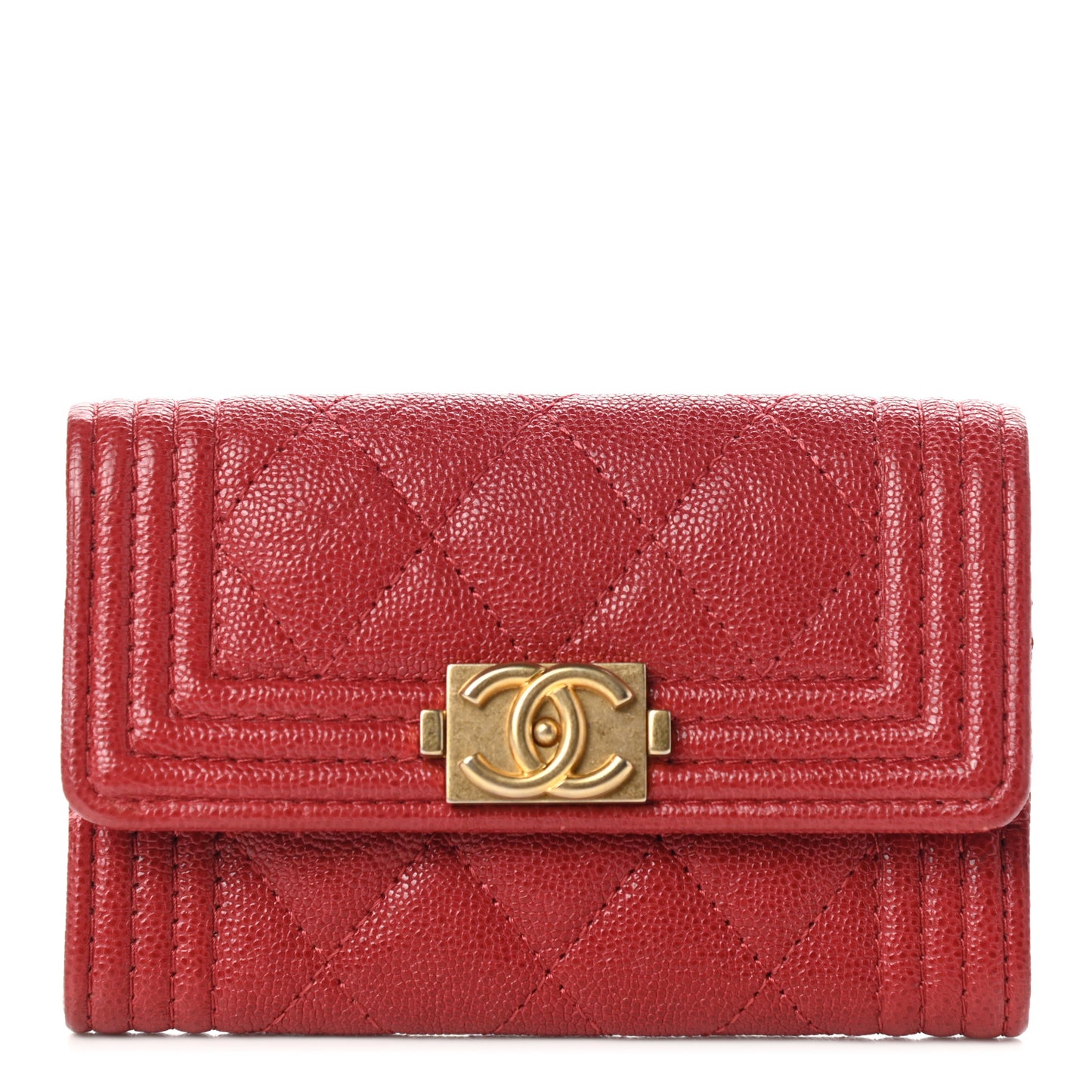 Caviar Quilted Boy Flap Card Holder Wallet Red