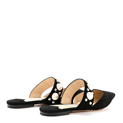 Jimmy Choo Suede Pearly Stud Embellished Basette Flat Mules 39 Black White 5 of 9