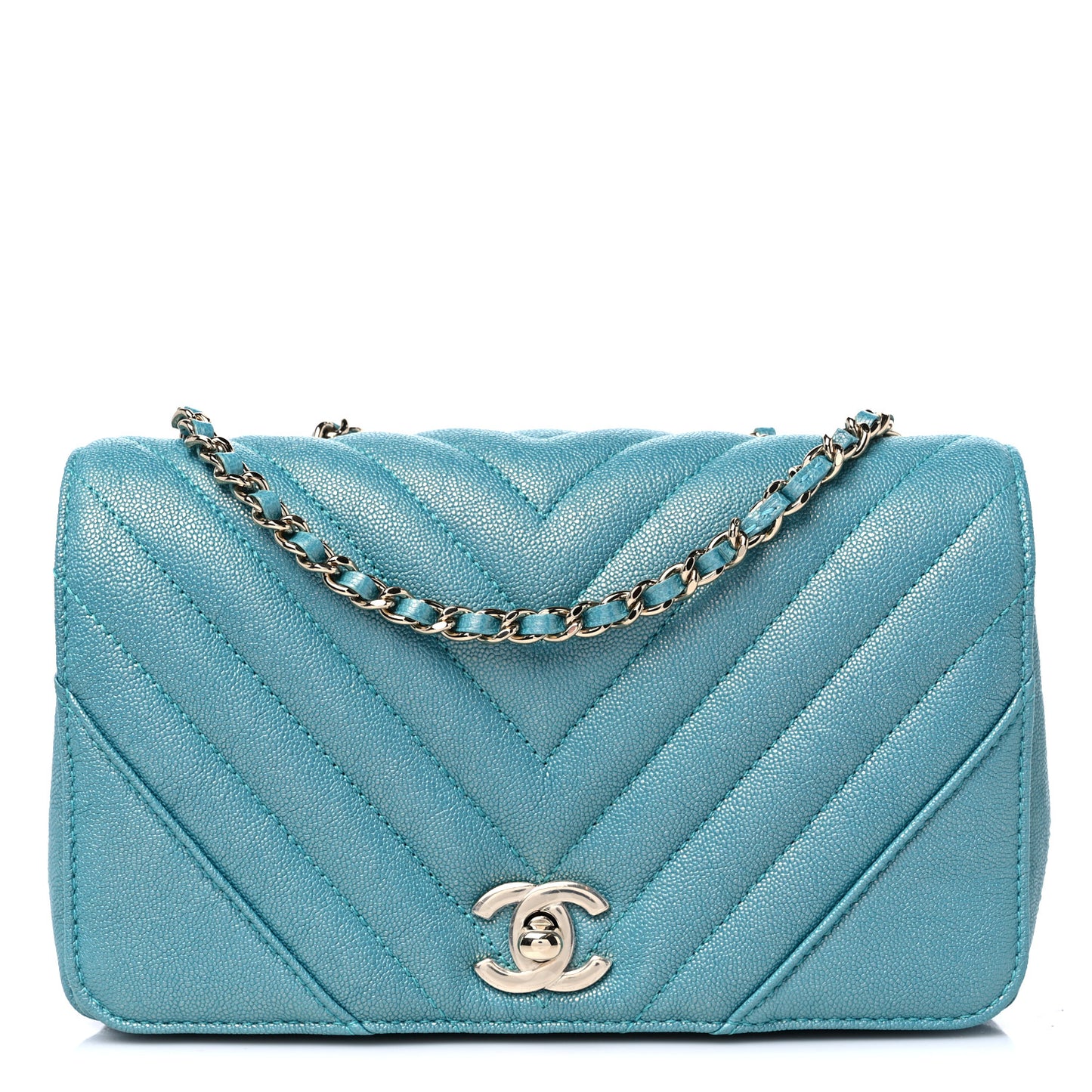 Metallic Caviar Chevron Quilted Medium Statement Flap Turqouise