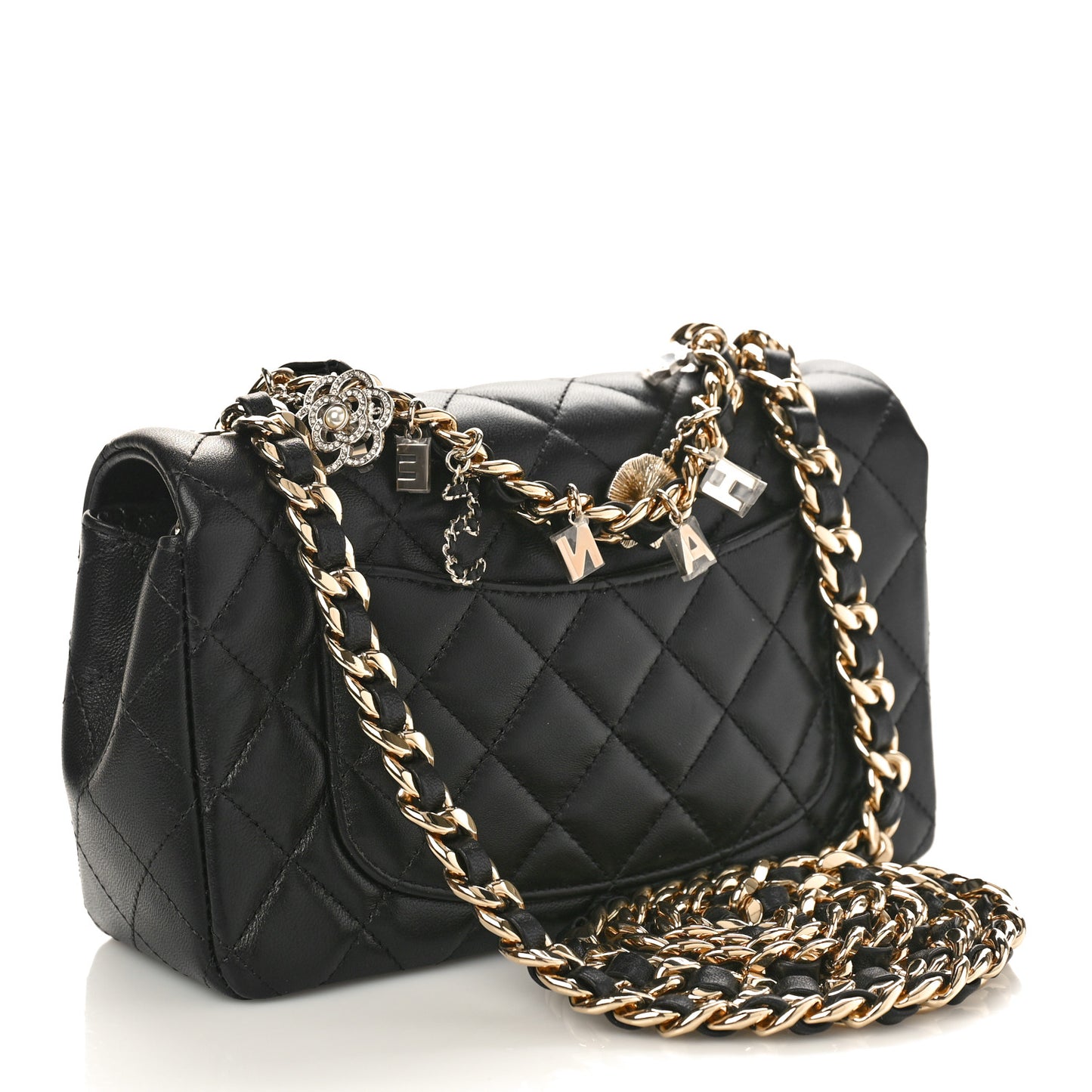 Lambskin Quilted Mini Coco Charms Rectangular Flap Black